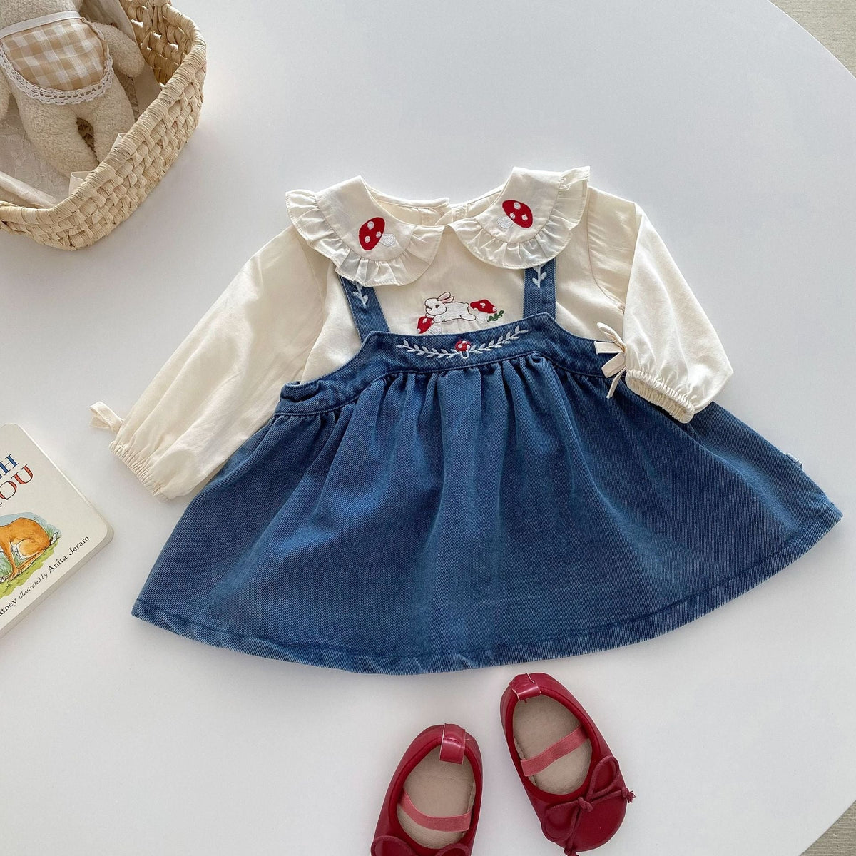 Valentina Embroidered Girls Top & Denim Dress Set – Stylish Cotton Blend Outfit