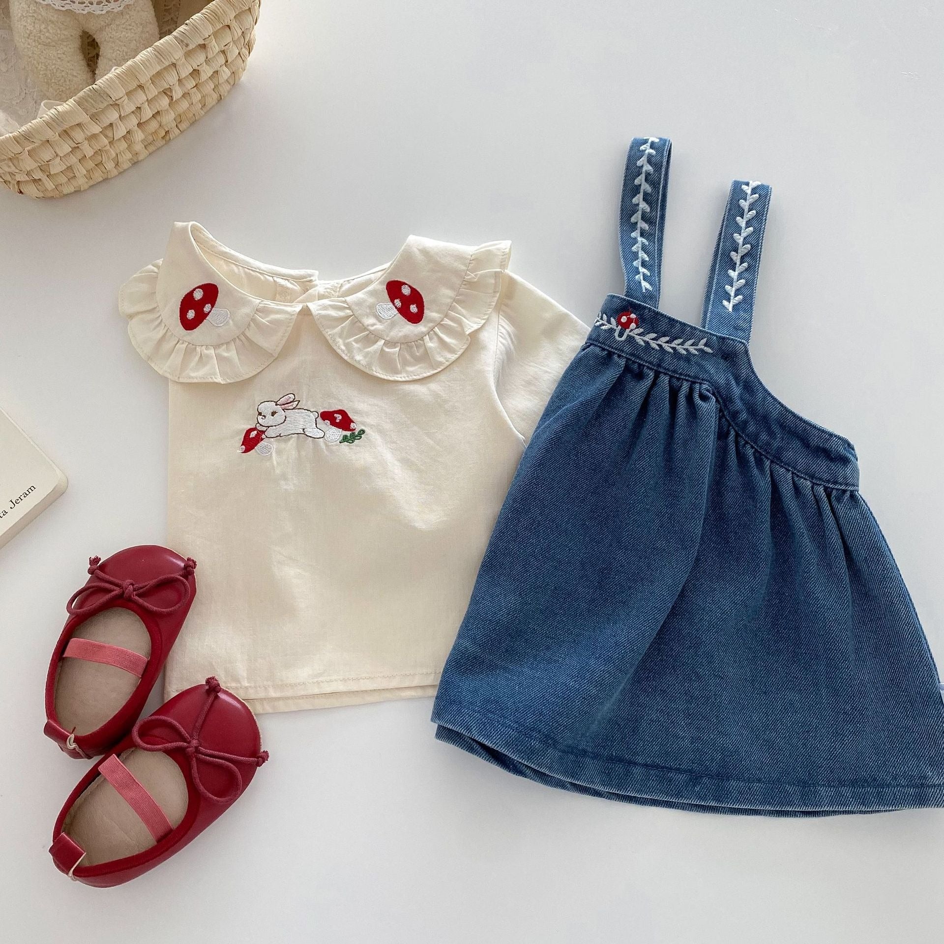 Valentina Embroidered Girls Top & Denim Dress Set – Stylish Cotton Blend Outfit