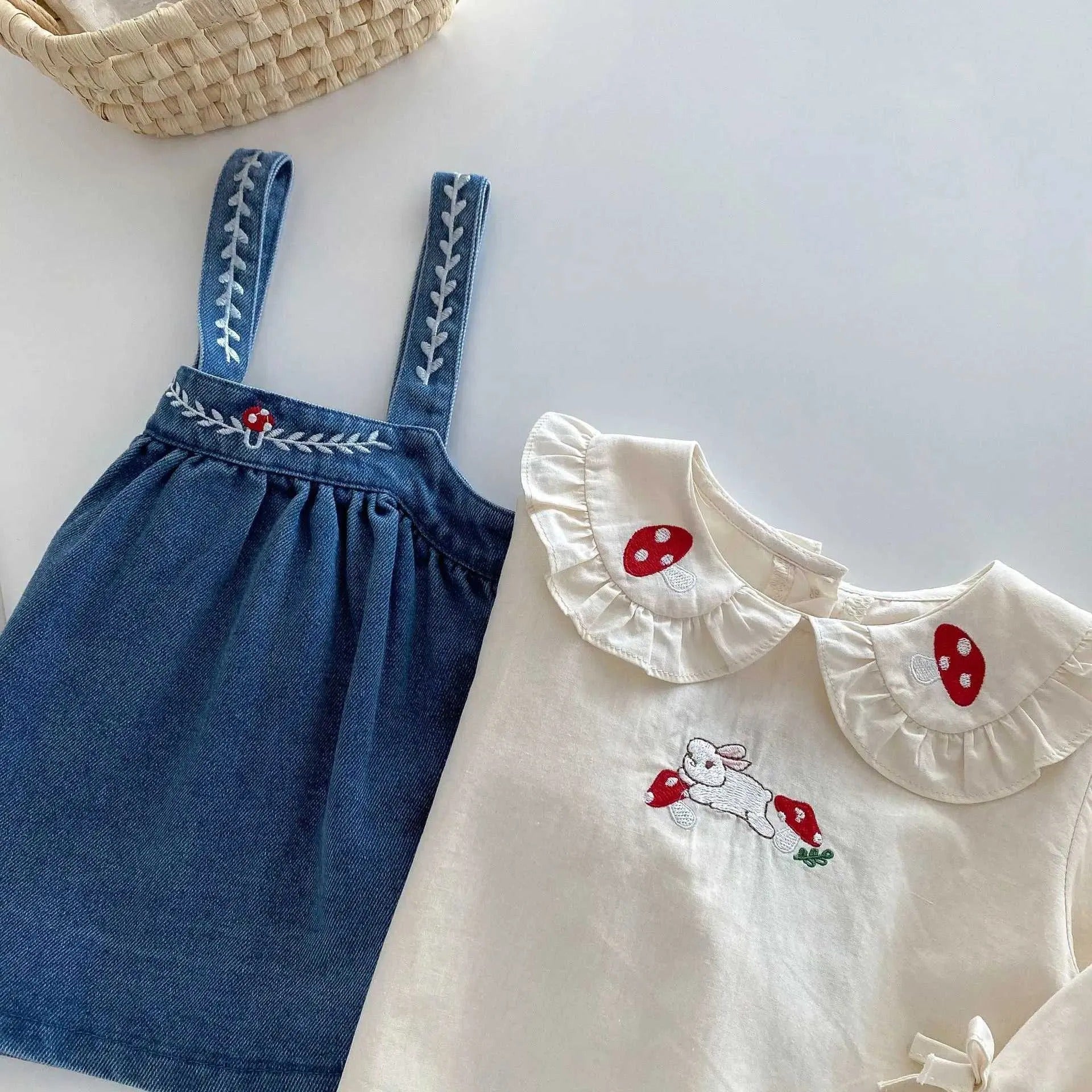 Valentina Embroidered Girls Top & Denim Dress Set – Stylish Cotton Blend Outfit
