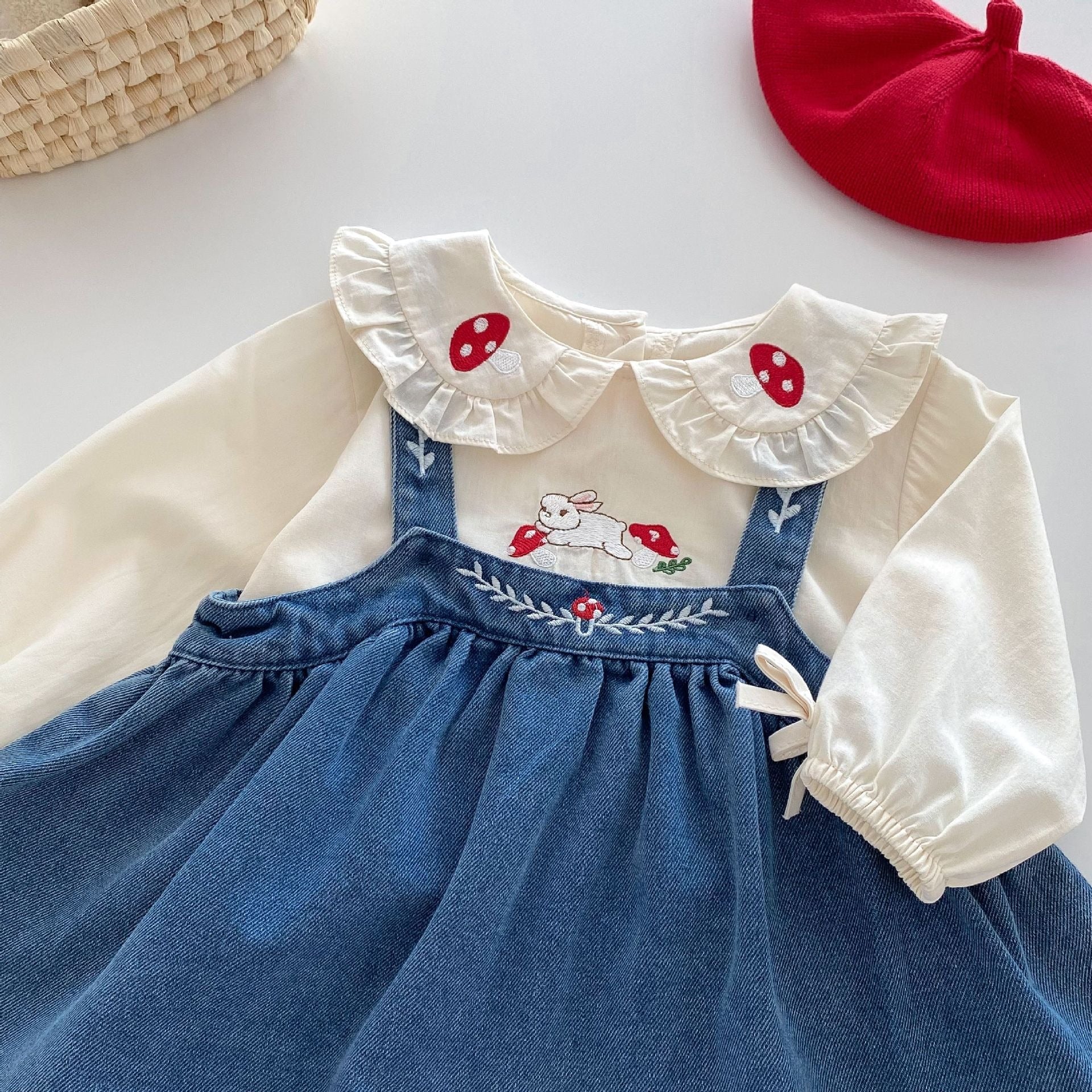 Valentina Embroidered Girls Top & Denim Dress Set – Stylish Cotton Blend Outfit