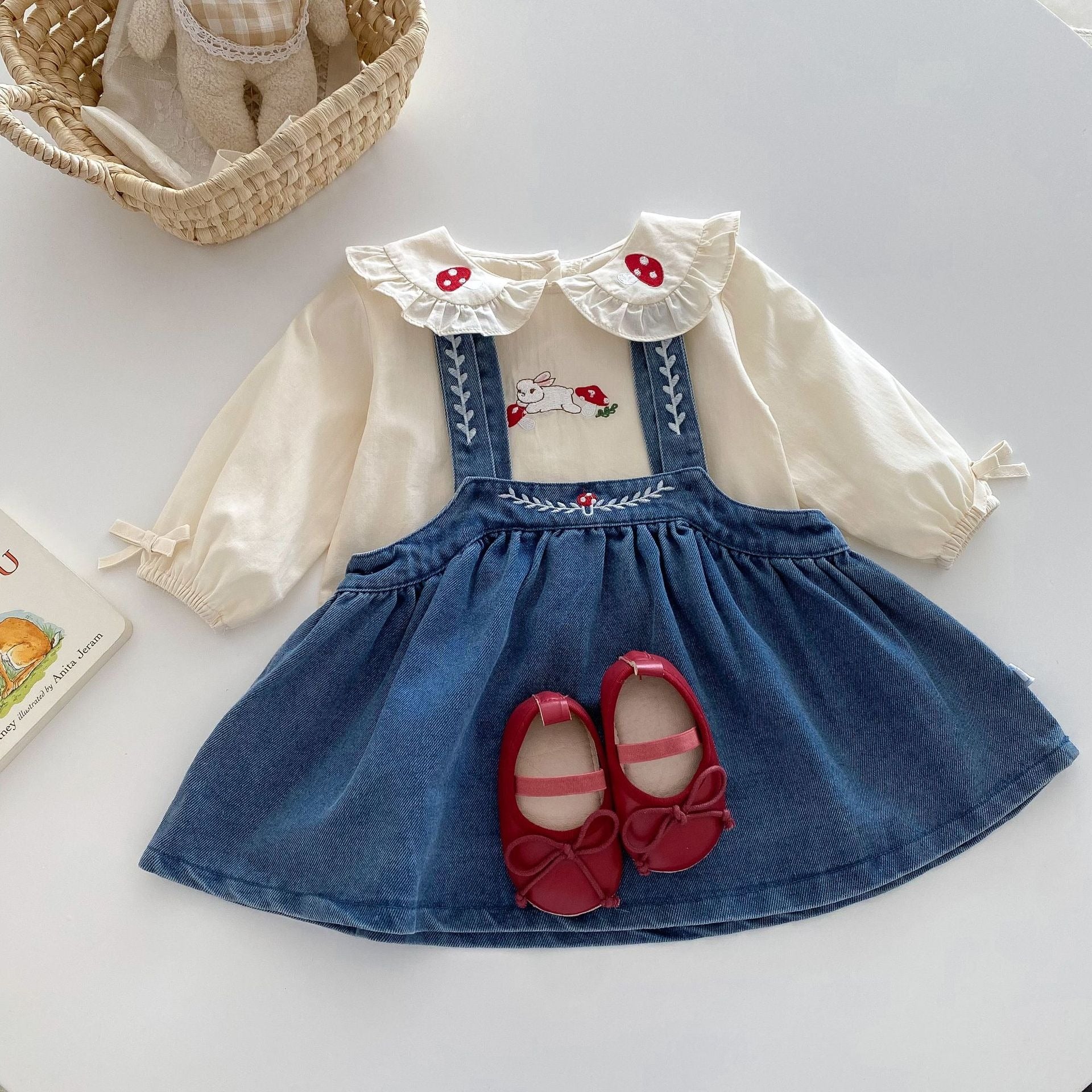 Valentina Embroidered Girls Top & Denim Dress Set – Stylish Cotton Blend Outfit