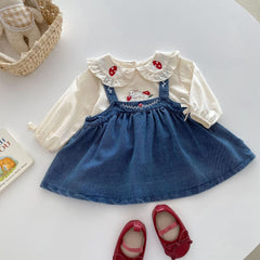 Valentina Embroidered Girls Top & Denim Dress Set – Stylish Cotton Blend Outfit