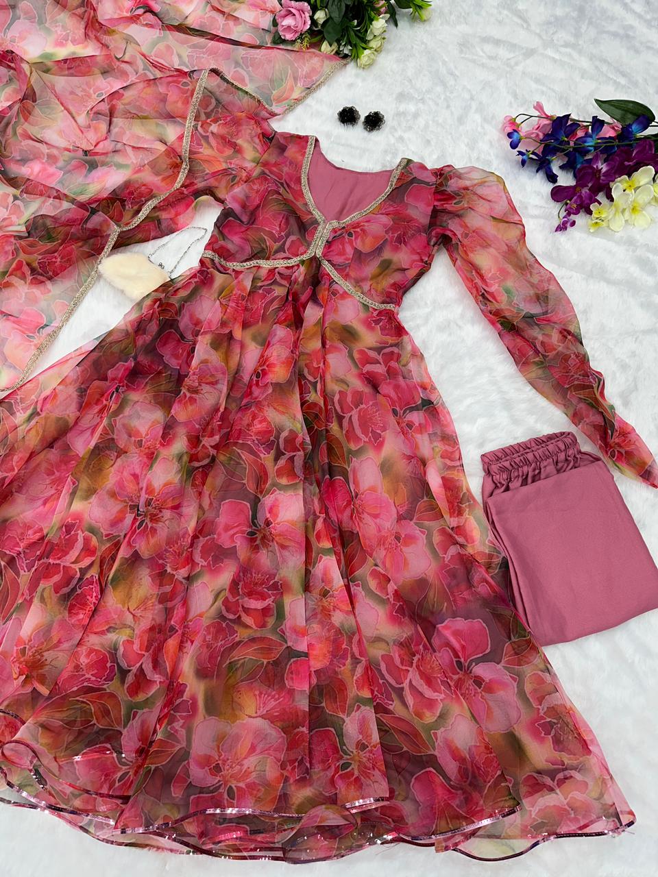 Elegant Organza Silk Fully Stitched Anarkali Suit with Digital Printed Lace Dupatta – Party & Function Wear