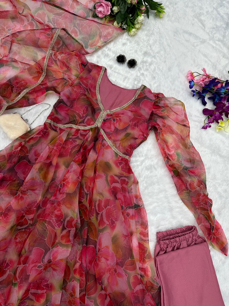 Elegant Organza Silk Fully Stitched Anarkali Suit with Digital Printed Lace Dupatta – Party & Function Wear