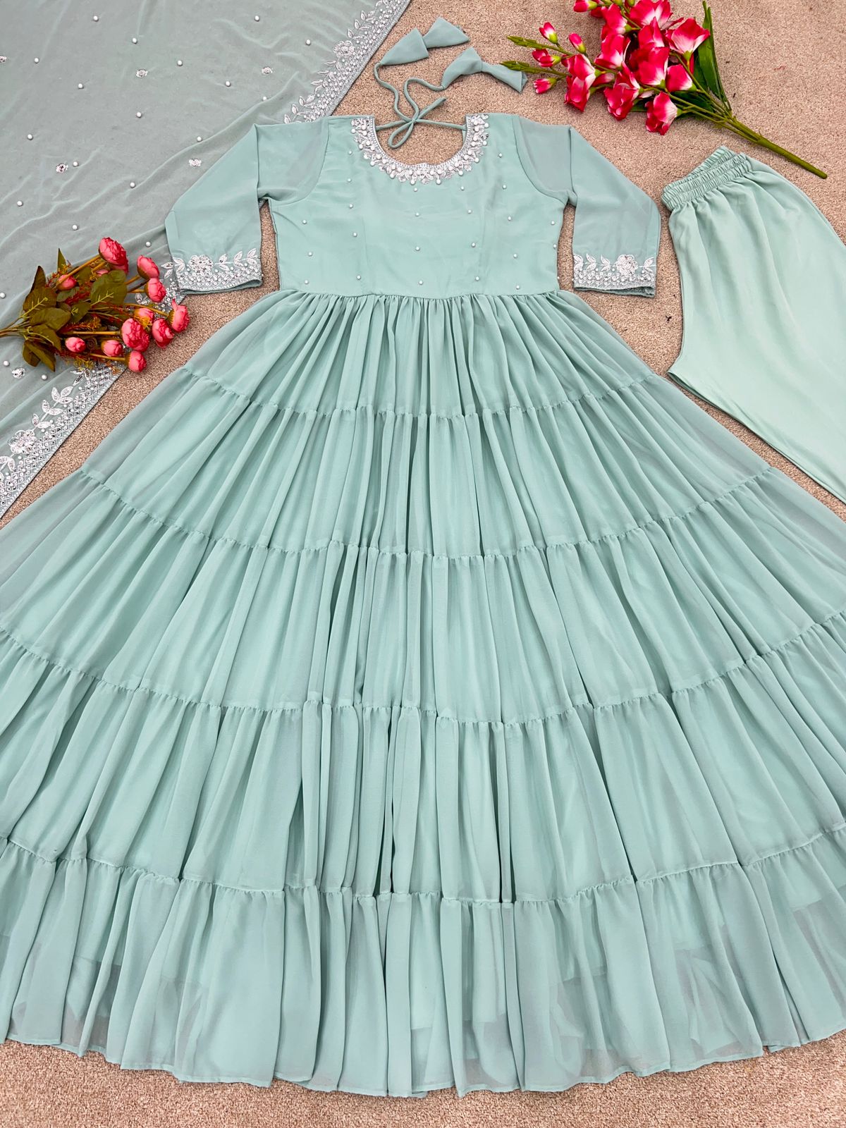 Luxury Georgette Anarkali Suit with Heavy Sequin & Rivet Moti Work – 8 Meter Flair