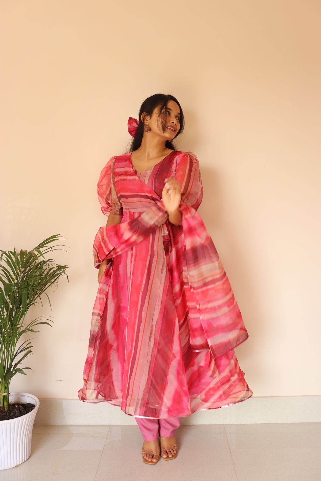 Organza Silk Anarkali Suit with Digital Print & Lace Border