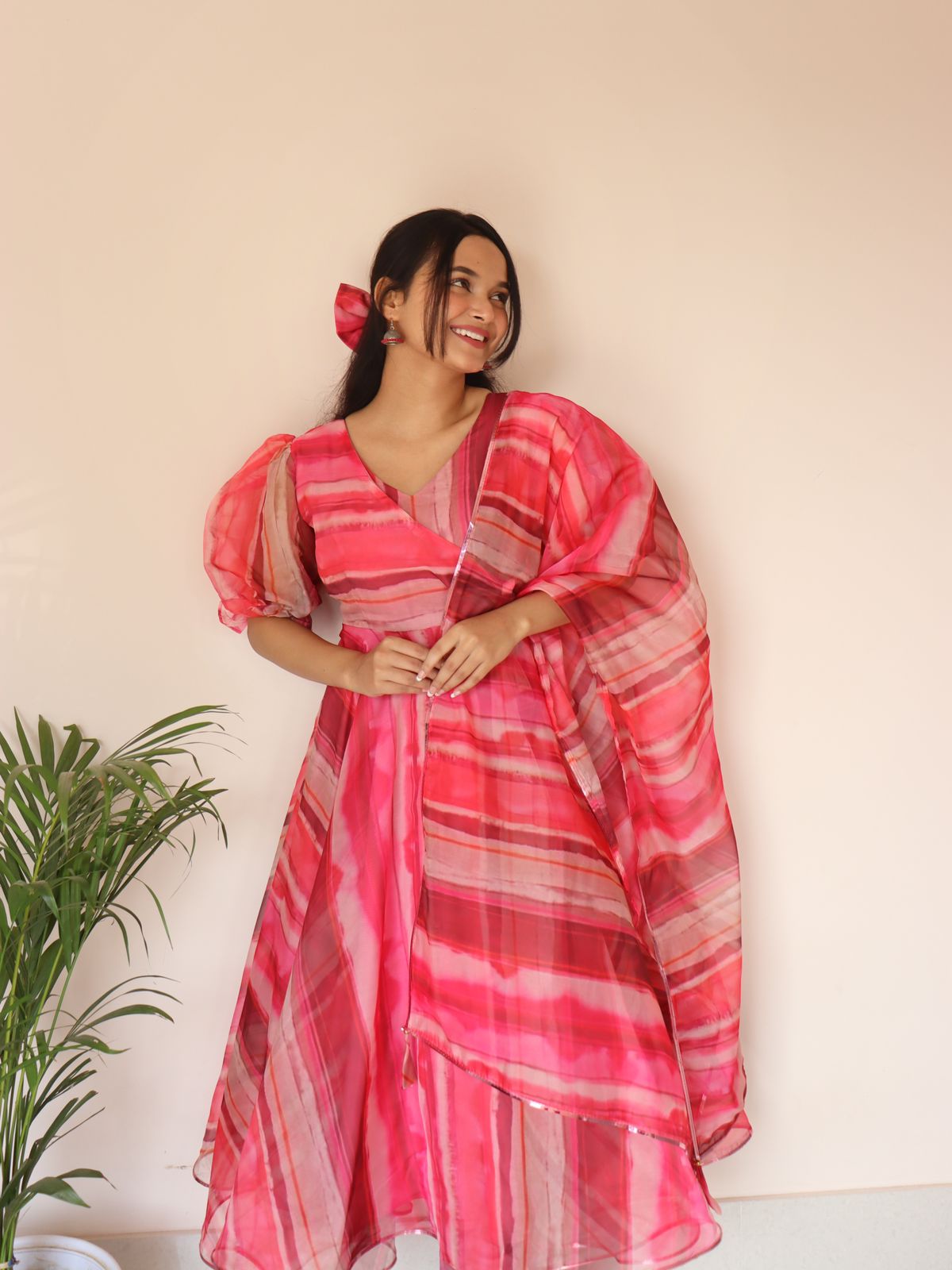 Organza Silk Anarkali Suit with Digital Print & Lace Border