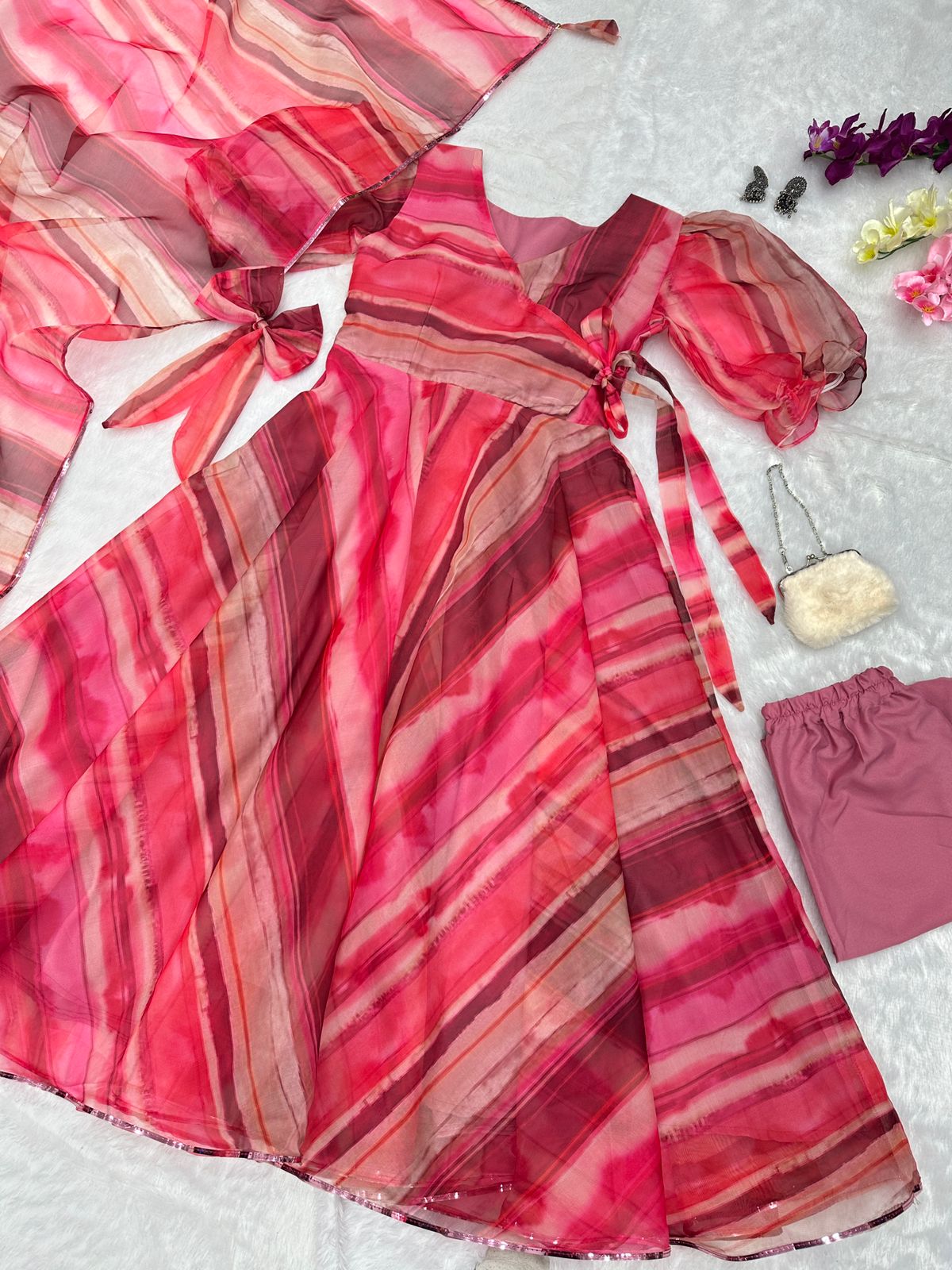 Organza Silk Anarkali Suit with Digital Print & Lace Border