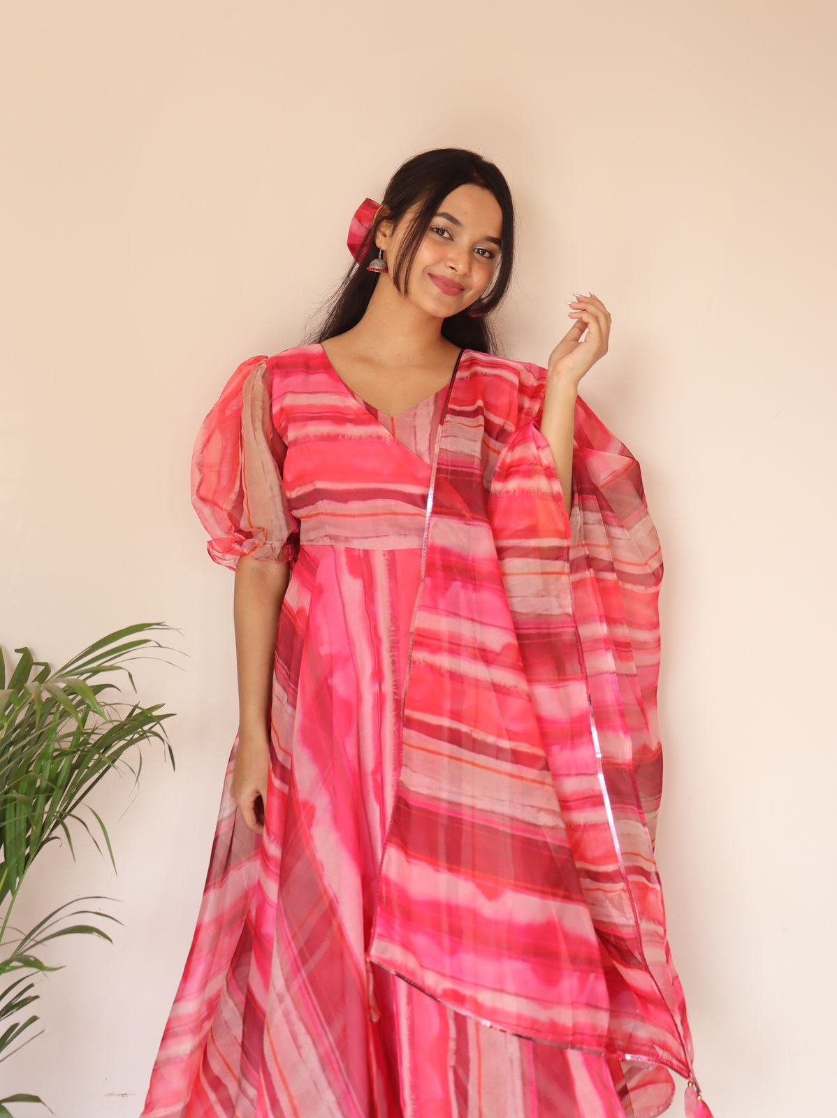 Organza Silk Anarkali Suit with Digital Print & Lace Border