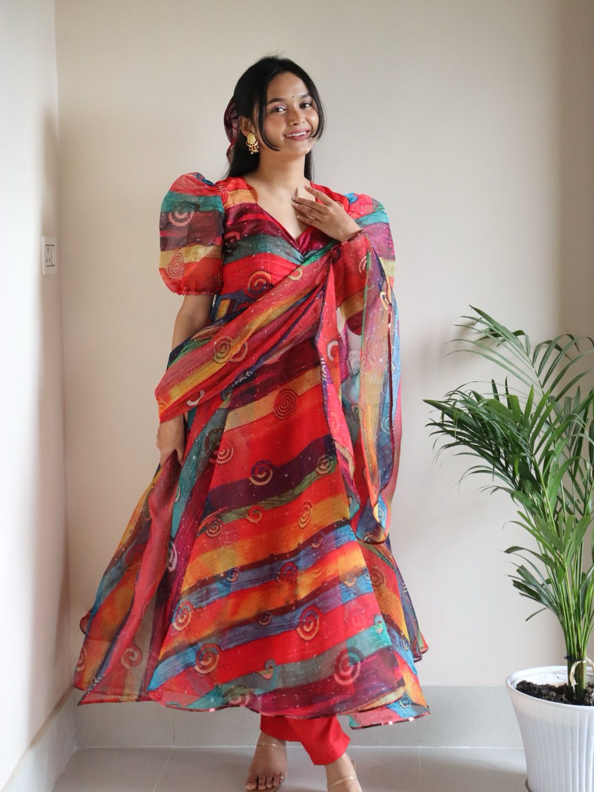 Elegant Organza Silk Anarkali Suit with Digital Print & Huge Flair