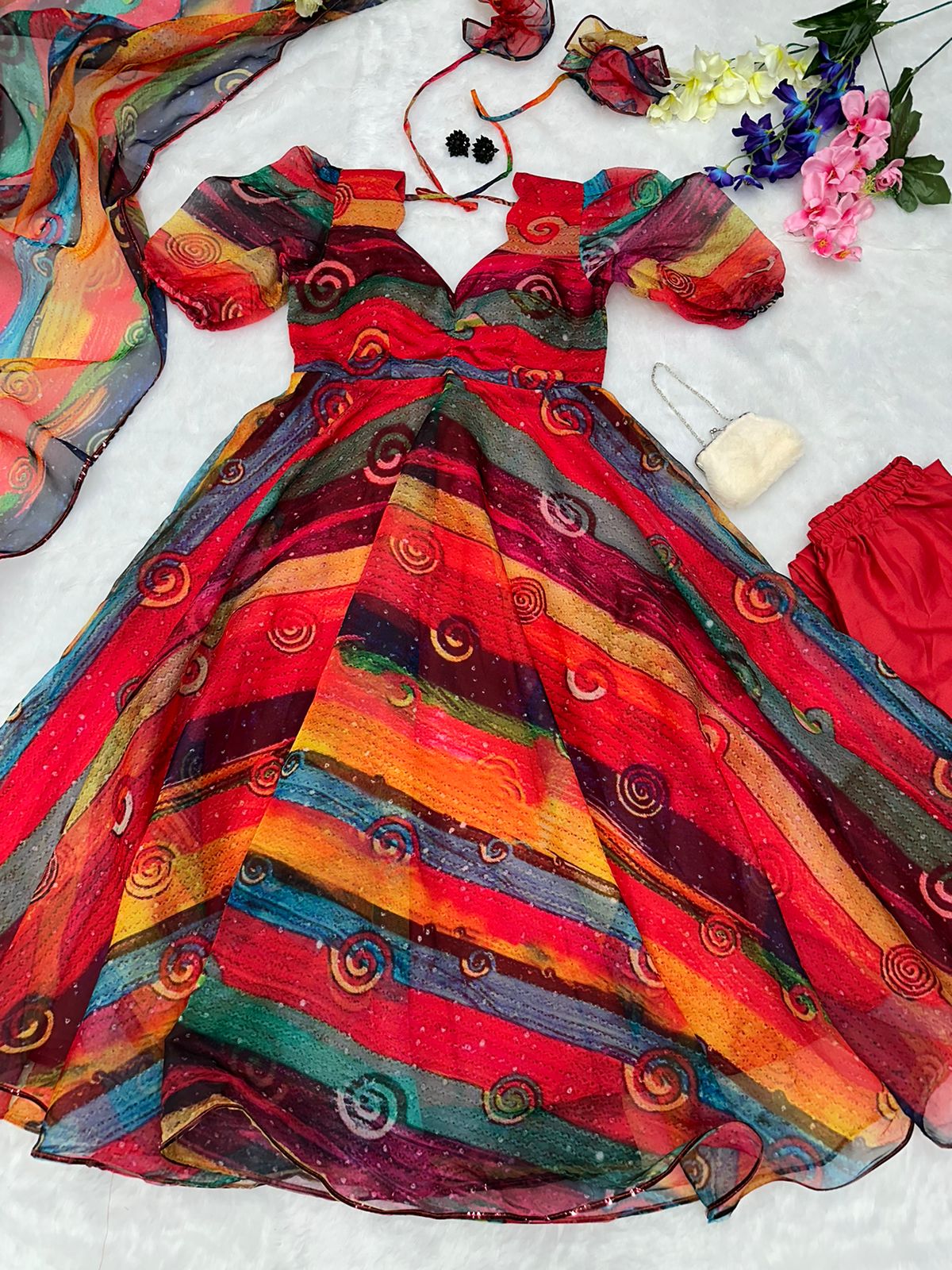 Elegant Organza Silk Anarkali Suit with Digital Print & Huge Flair