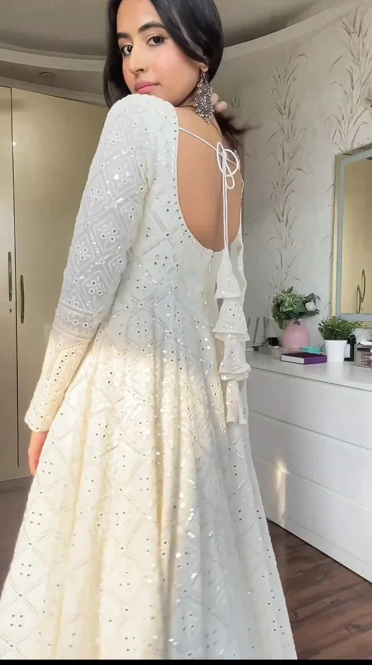 White Embroidered Anarkali Suit Set