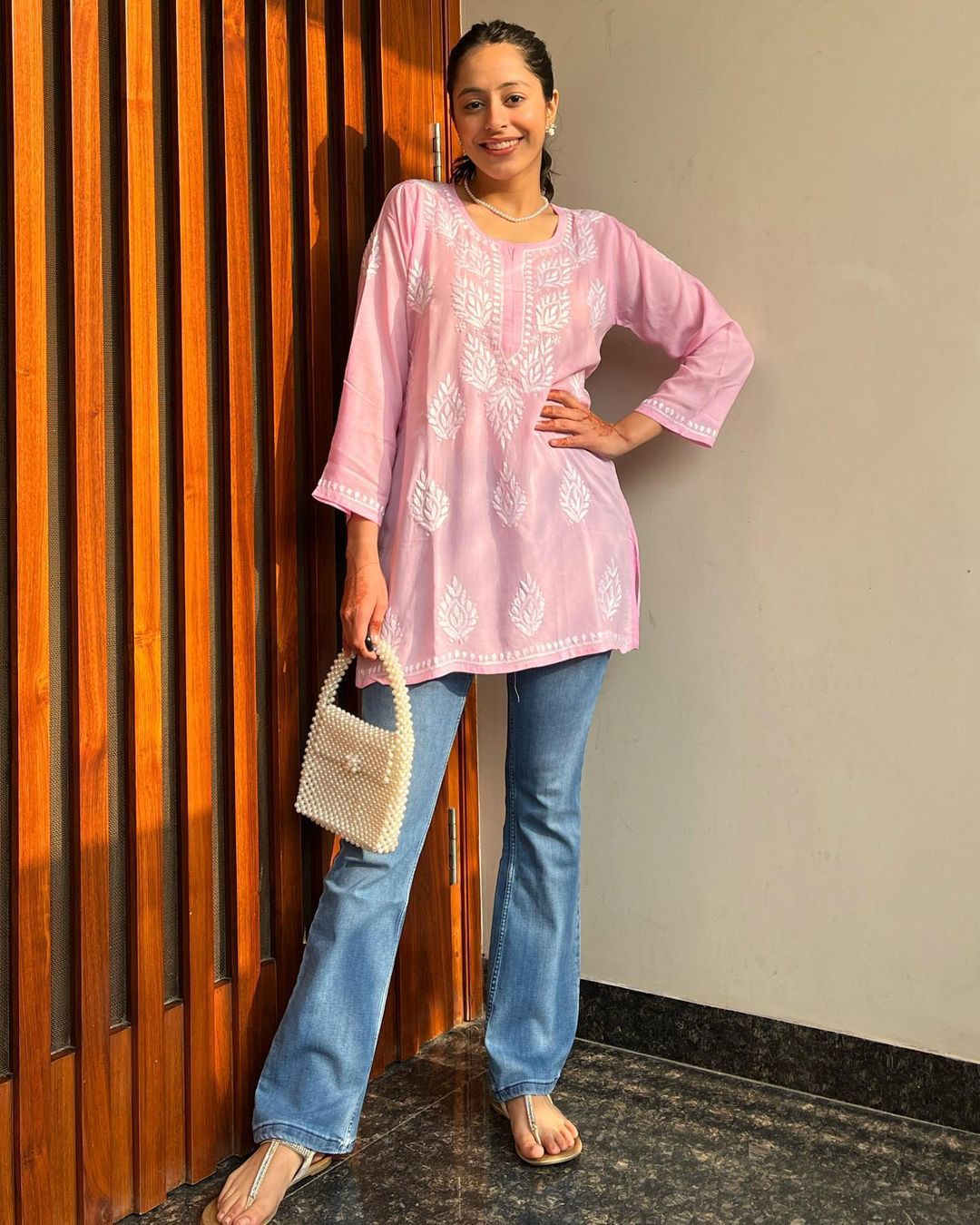 Women Chikankari Cotton A-line Kurta (Baby Pink) 61