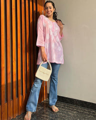 Women Chikankari Cotton A-line Kurta (Baby Pink) 61