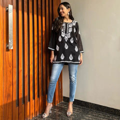 Women Chikan Embroidery Cotton A-line Kurta  (Black) 42