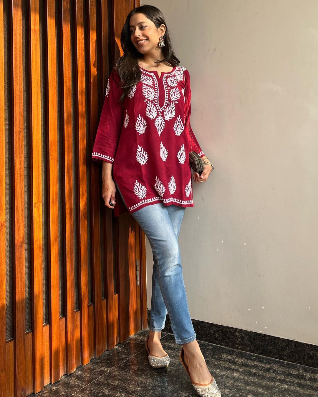 Women Chikan Embroidery Cotton A-line Kurta (Maroon) 44