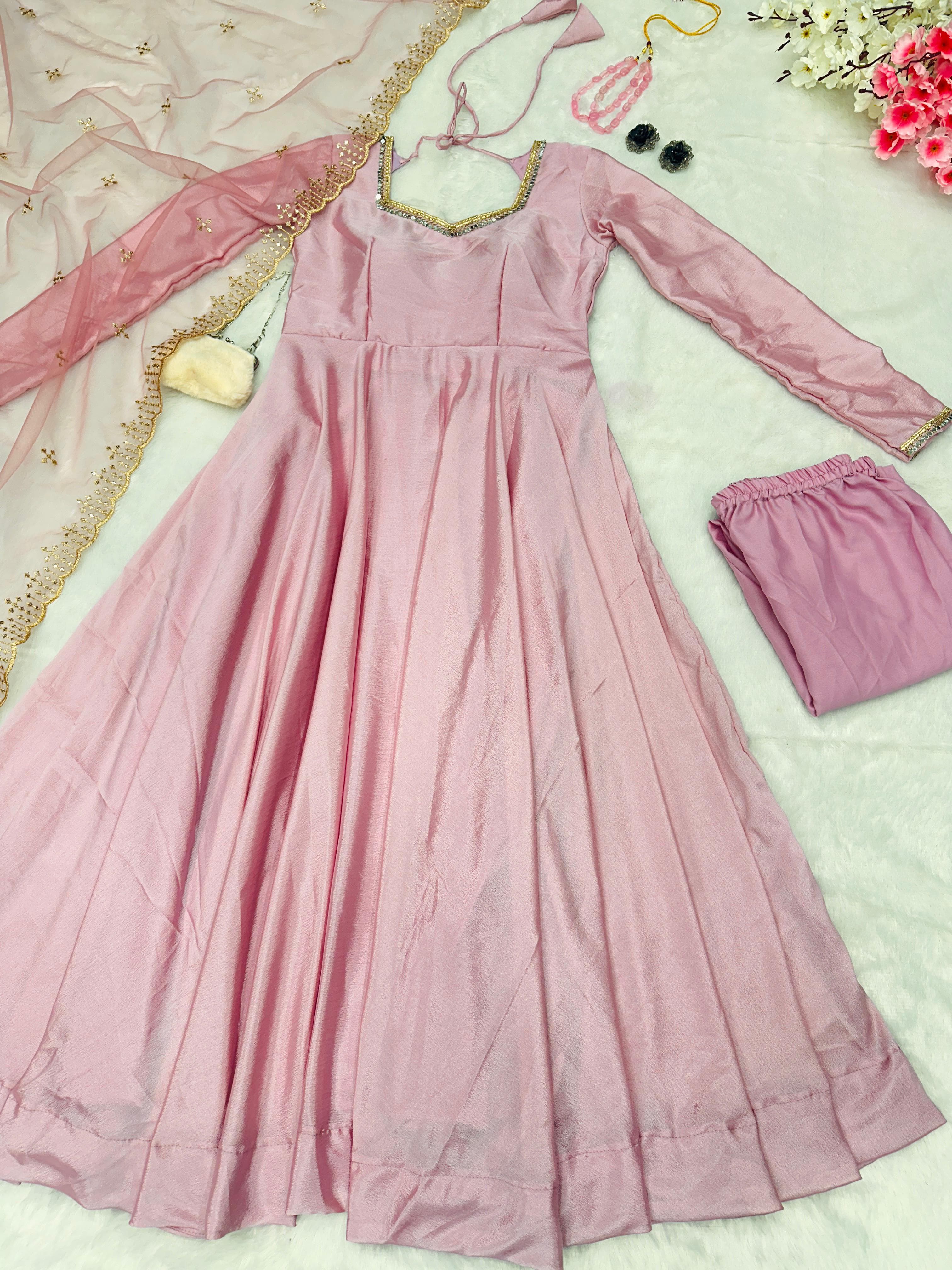 Regal Chinon Anarkali Gown with Embroidered Butterfly Net Dupatta