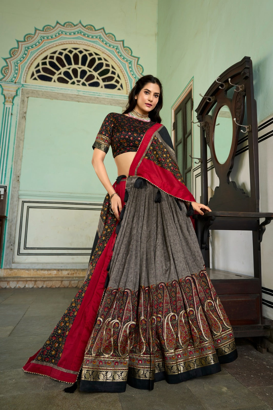 Elegant Tussar Silk Lehenga Choli with Kashmiri Foil Print | Special Occasion Wear