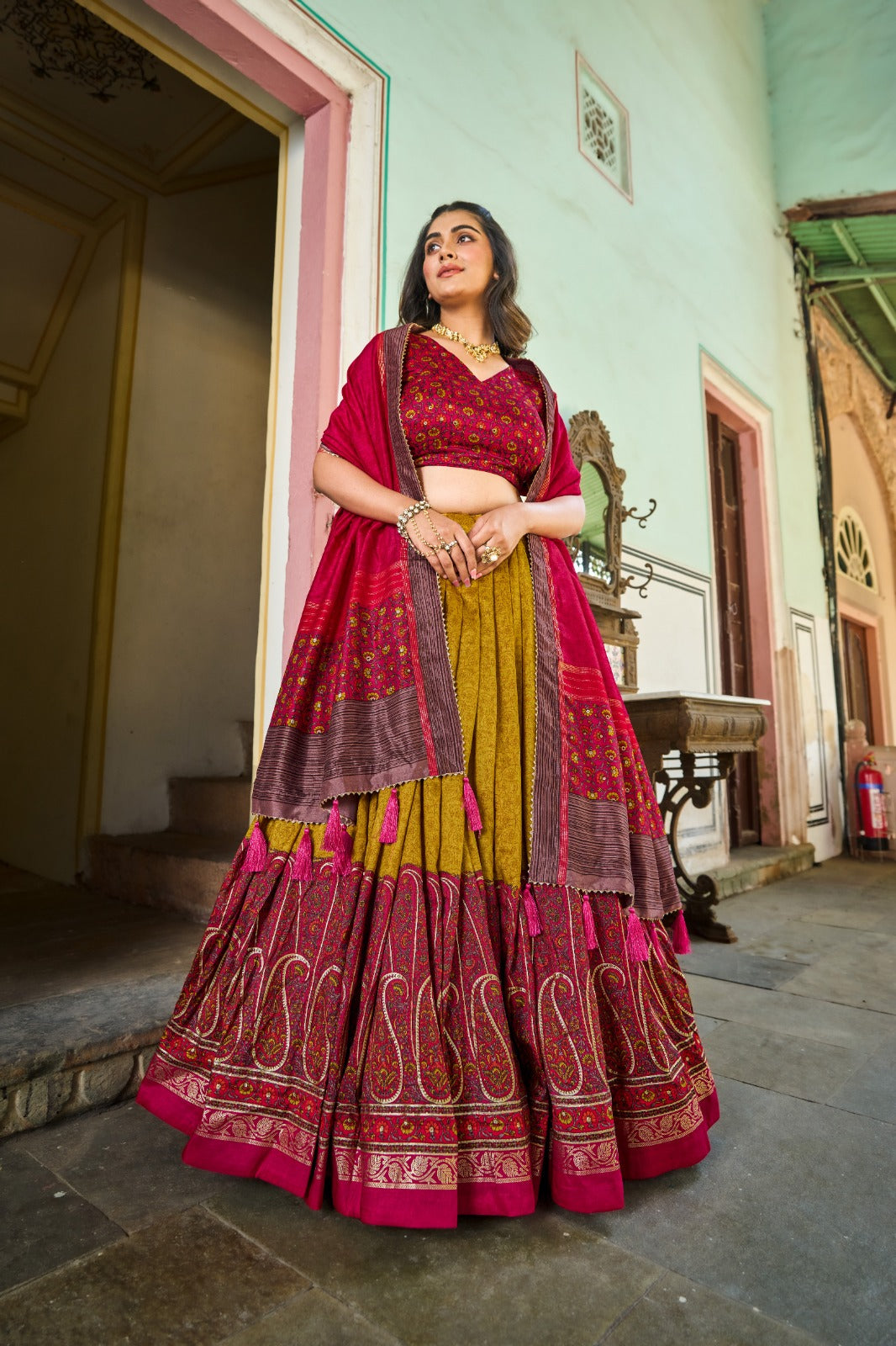 Elegant Tussar Silk Lehenga Choli with Kashmiri Foil Print | Special Occasion Wear