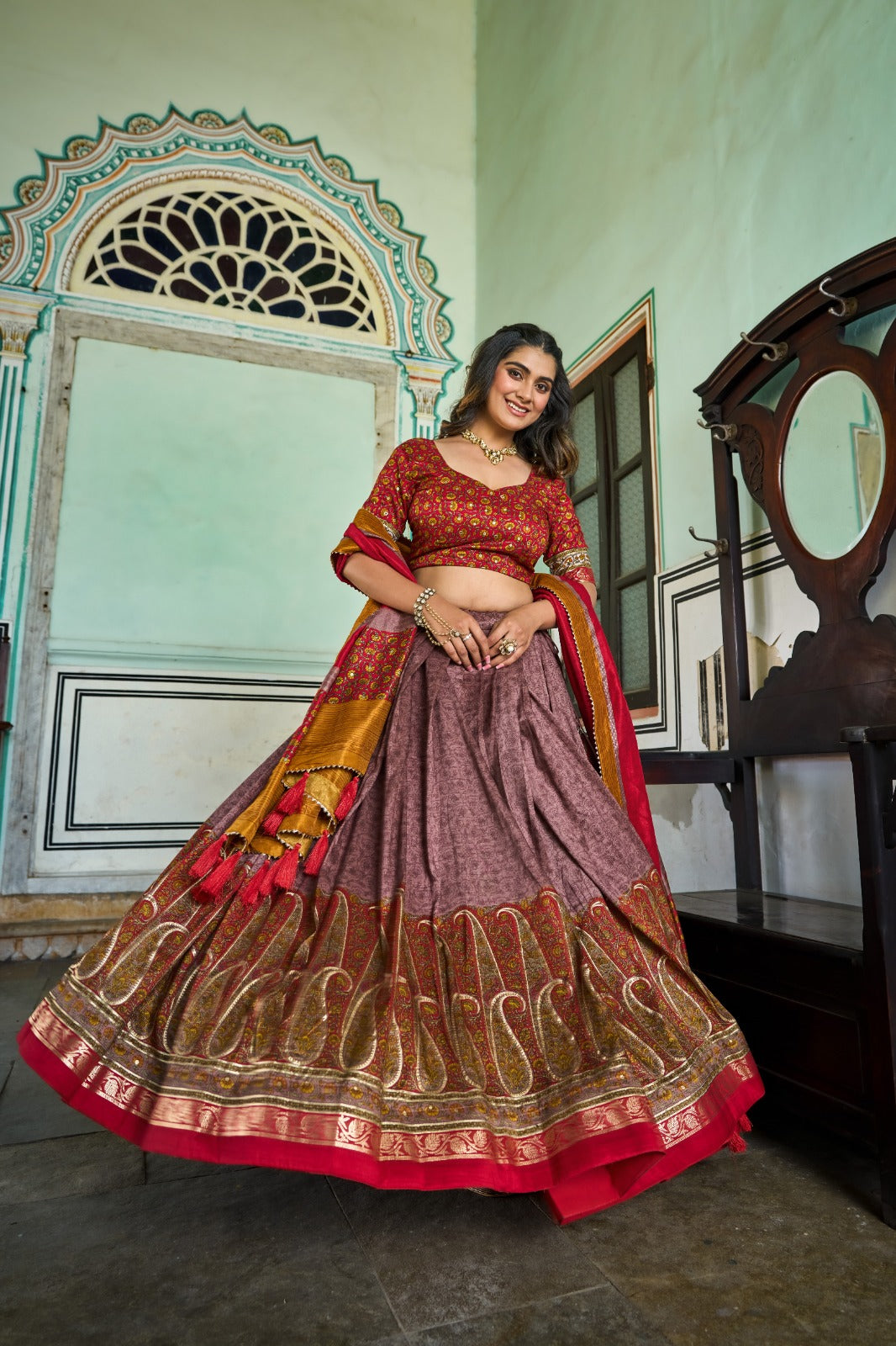 Elegant Tussar Silk Lehenga Choli with Kashmiri Foil Print | Special Occasion Wear