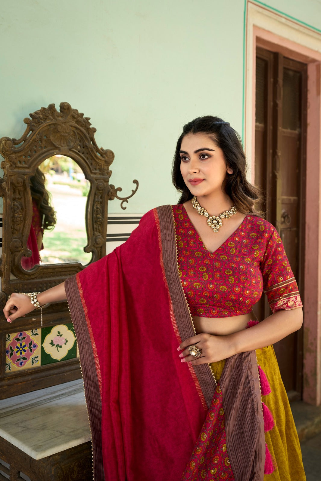 Elegant Tussar Silk Lehenga Choli with Kashmiri Foil Print | Special Occasion Wear