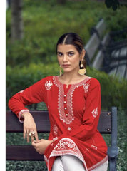 New Chikankari Exclusive Kurti_Pent Pair (Red) 23