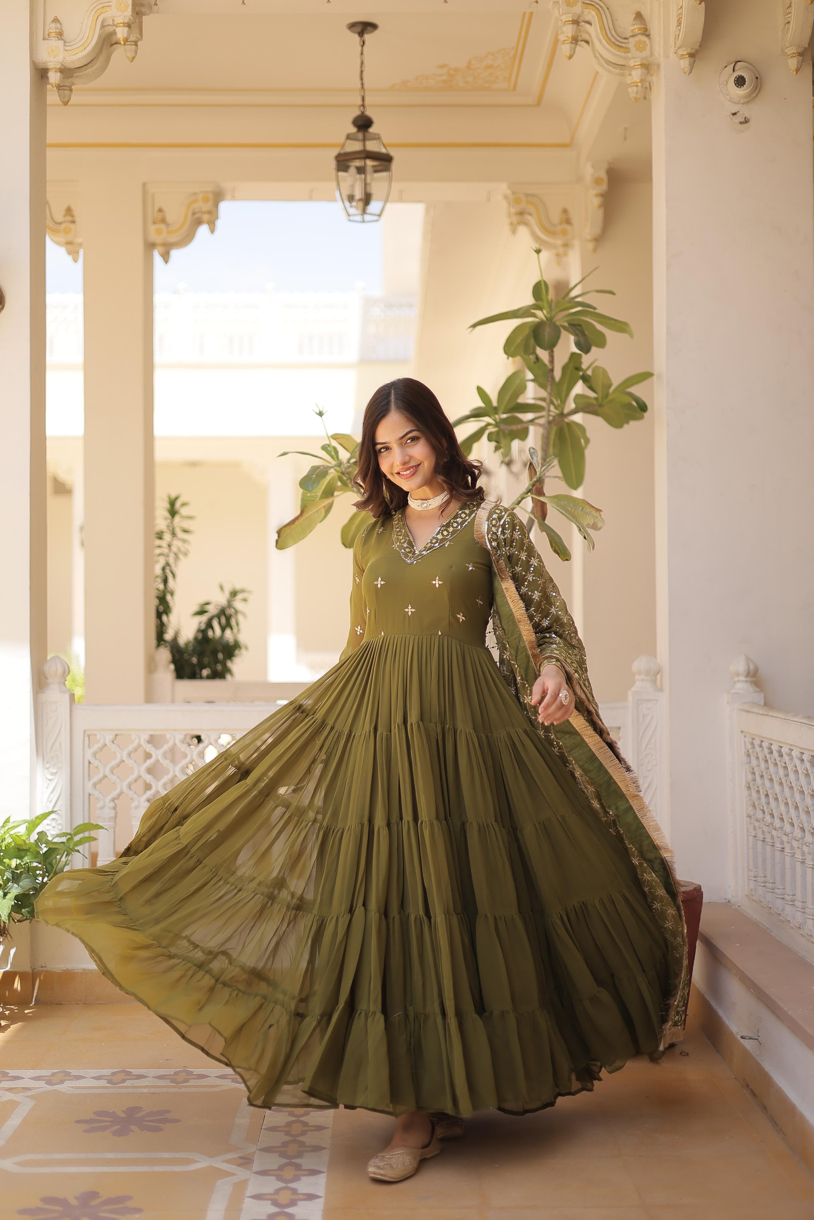 Faux Georgette Anarkali Suit with Embroidery & Frill Detailing