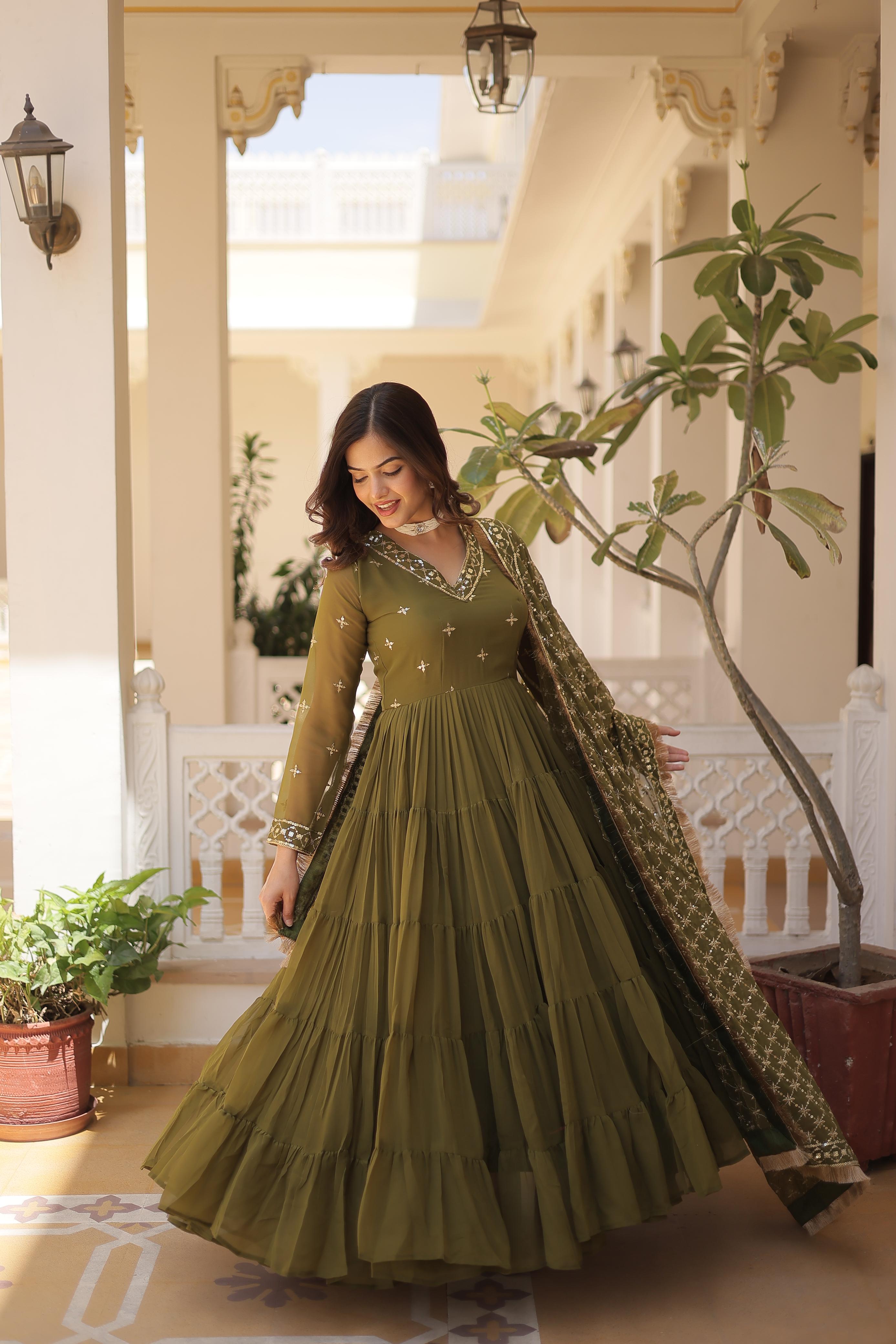 Faux Georgette Anarkali Suit with Embroidery & Frill Detailing