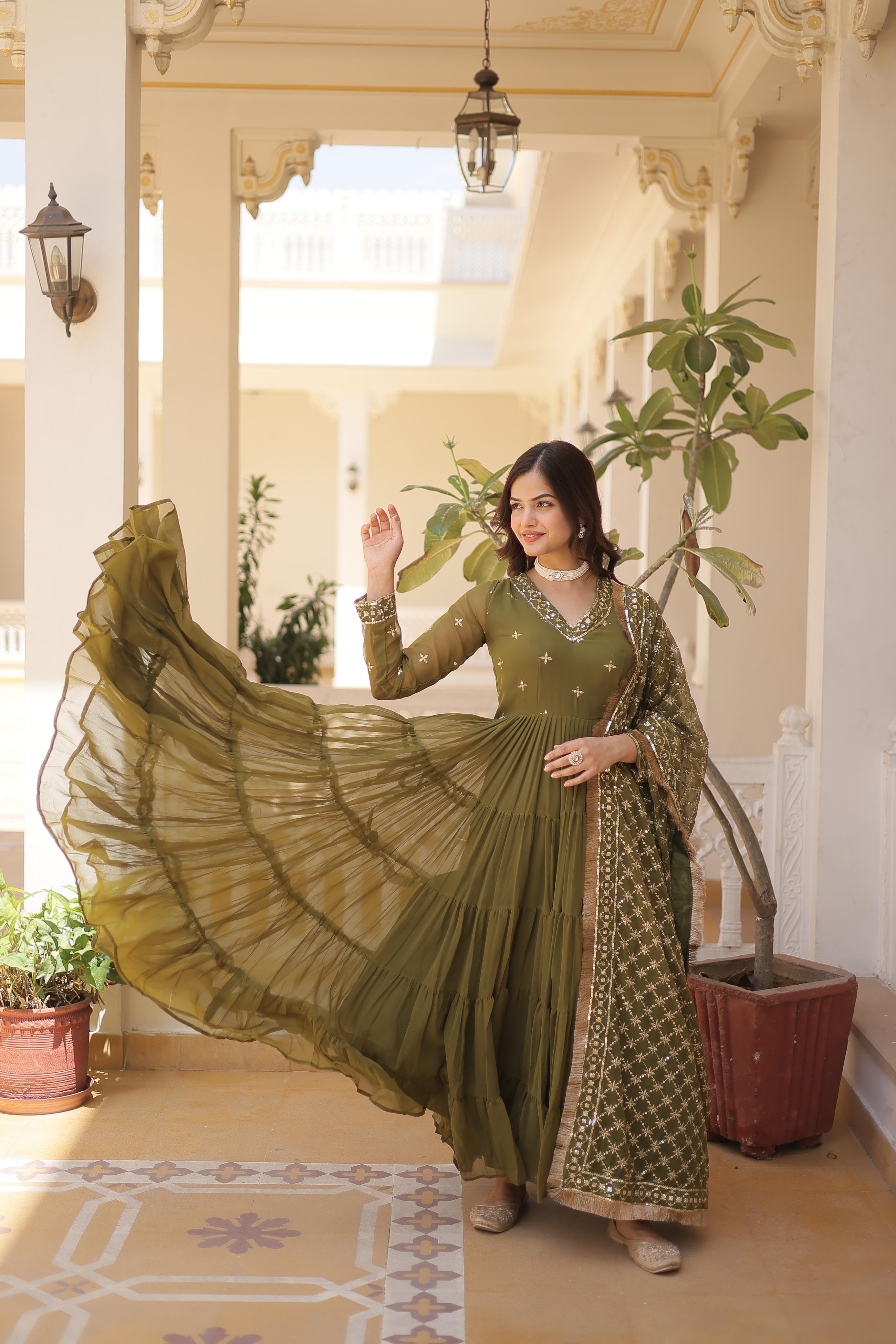 Faux Georgette Anarkali Suit with Embroidery & Frill Detailing