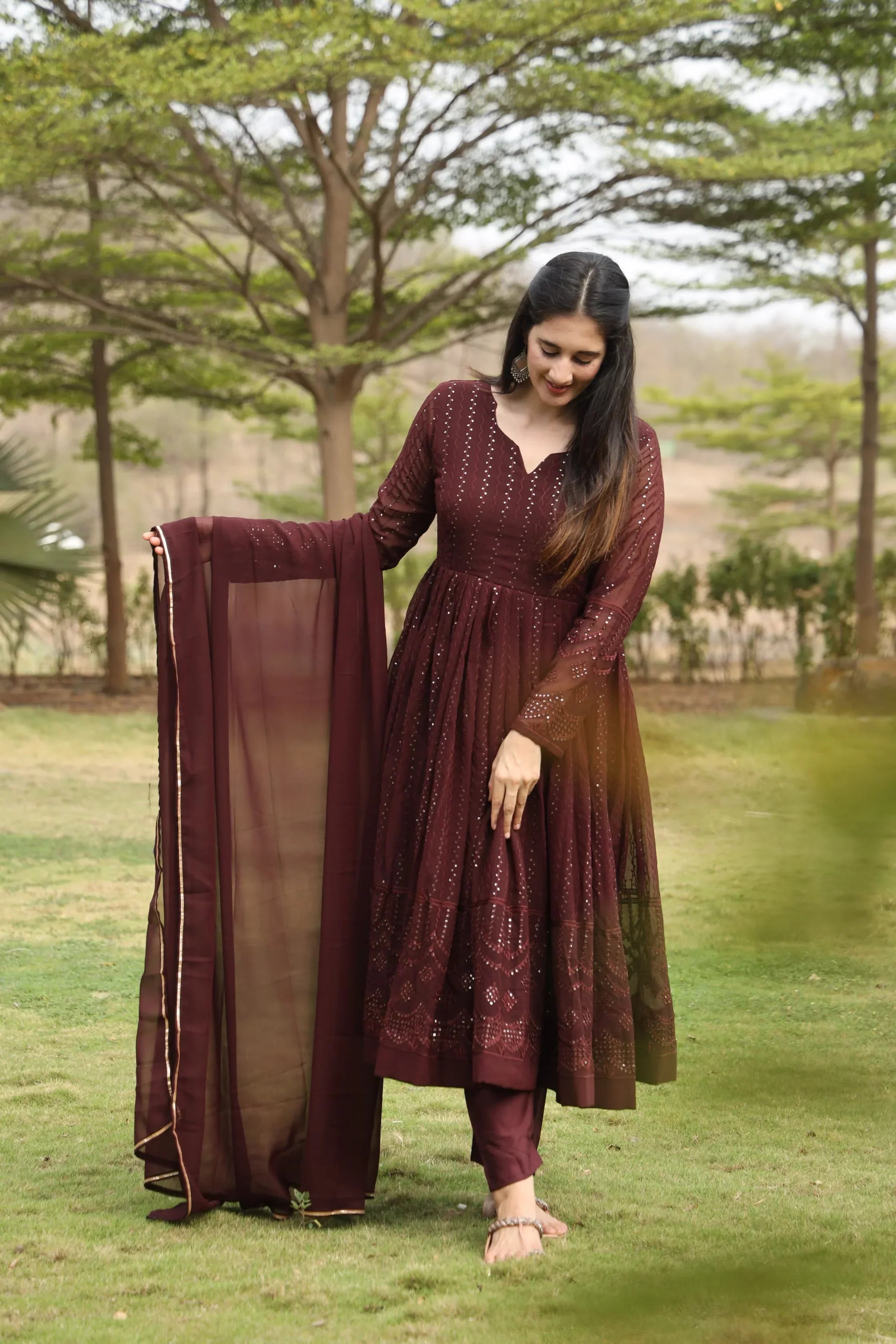 Embroidered Georgette Kurta Set with Micro Cotton Pants & Georgette Dupatta