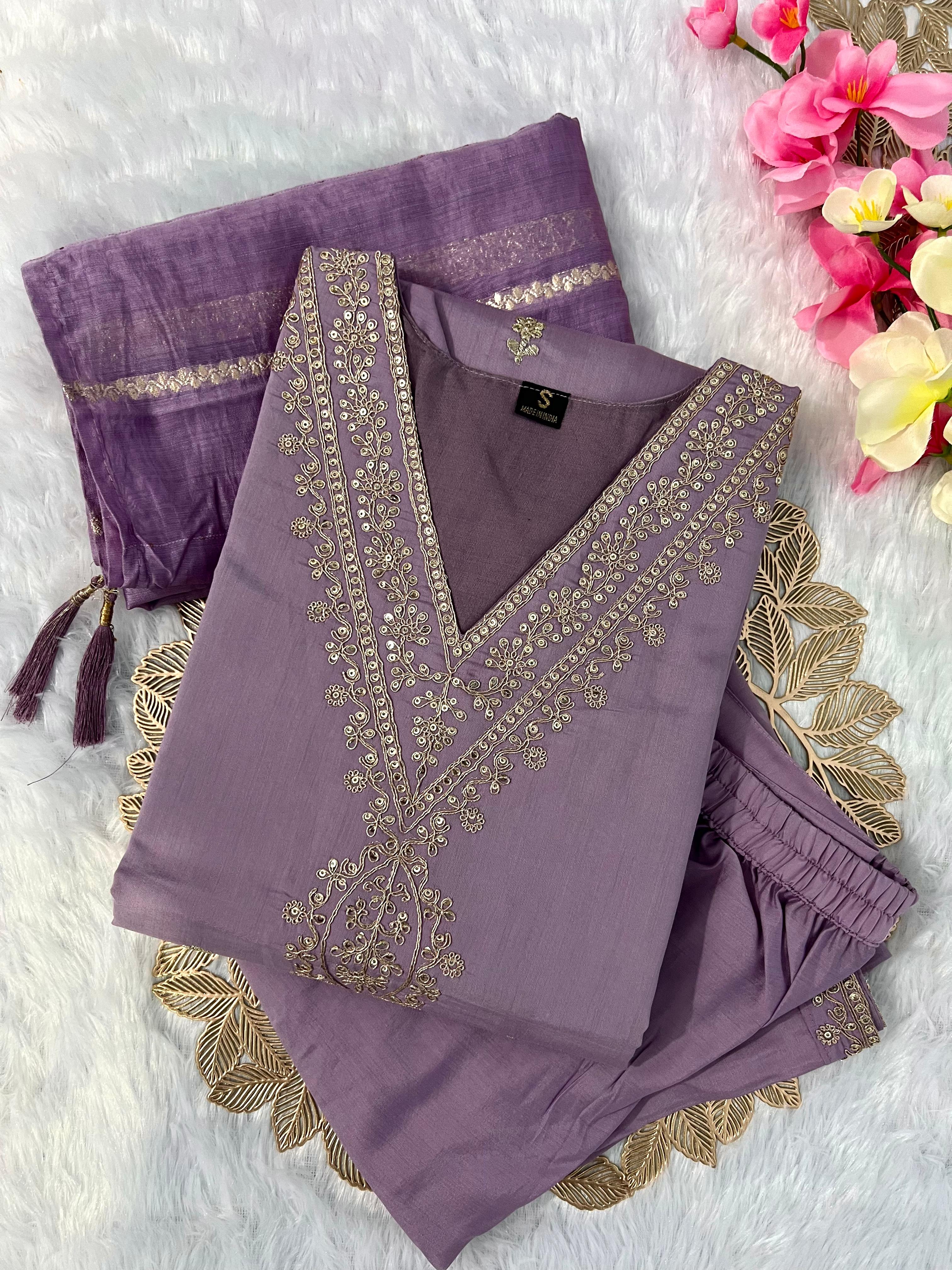 Lavender Roman Silk Embroidered Kurta Set with Trouser & Dupatta