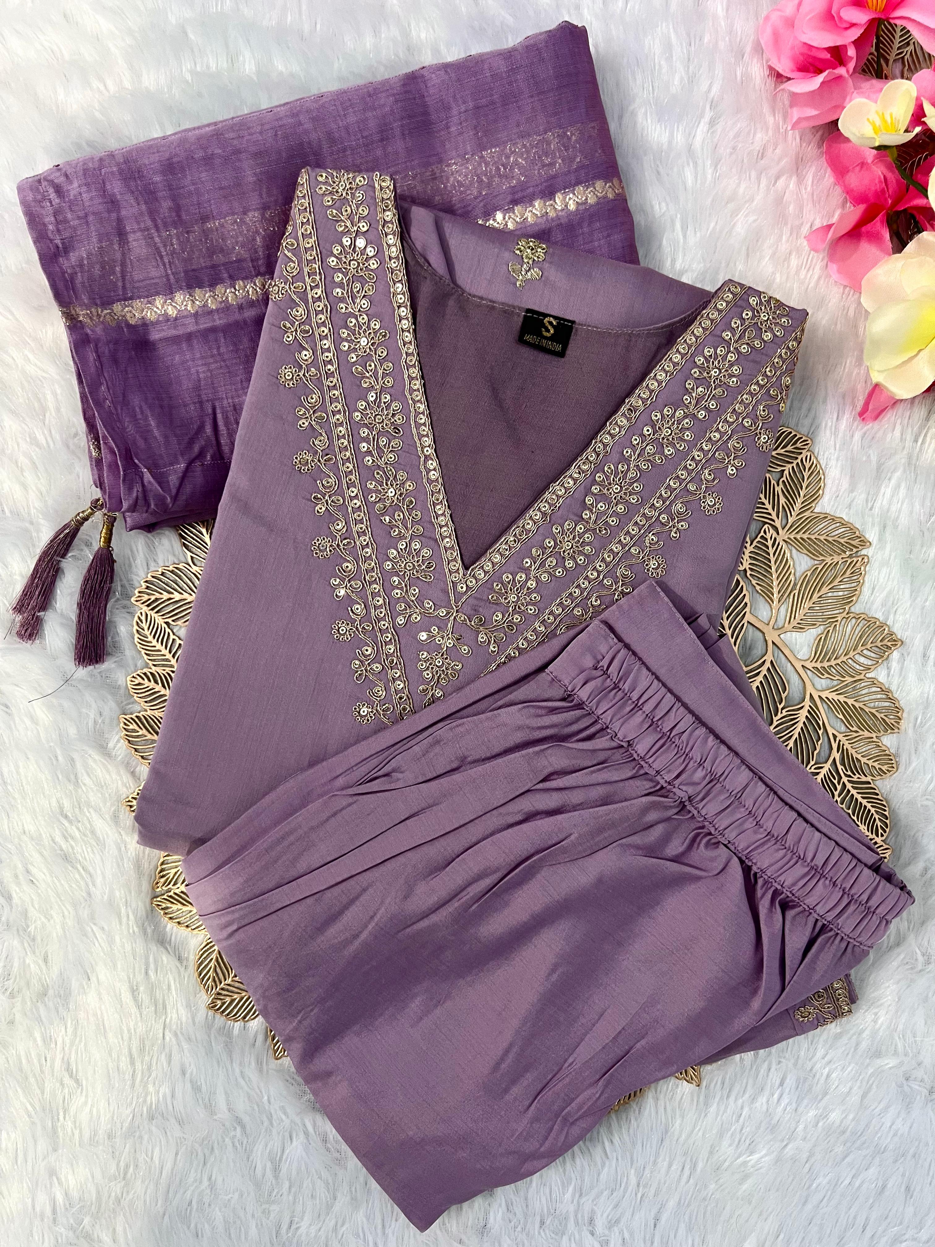 Lavender Roman Silk Embroidered Kurta Set with Trouser & Dupatta