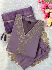 Lavender Roman Silk Embroidered Kurta Set with Trouser & Dupatta
