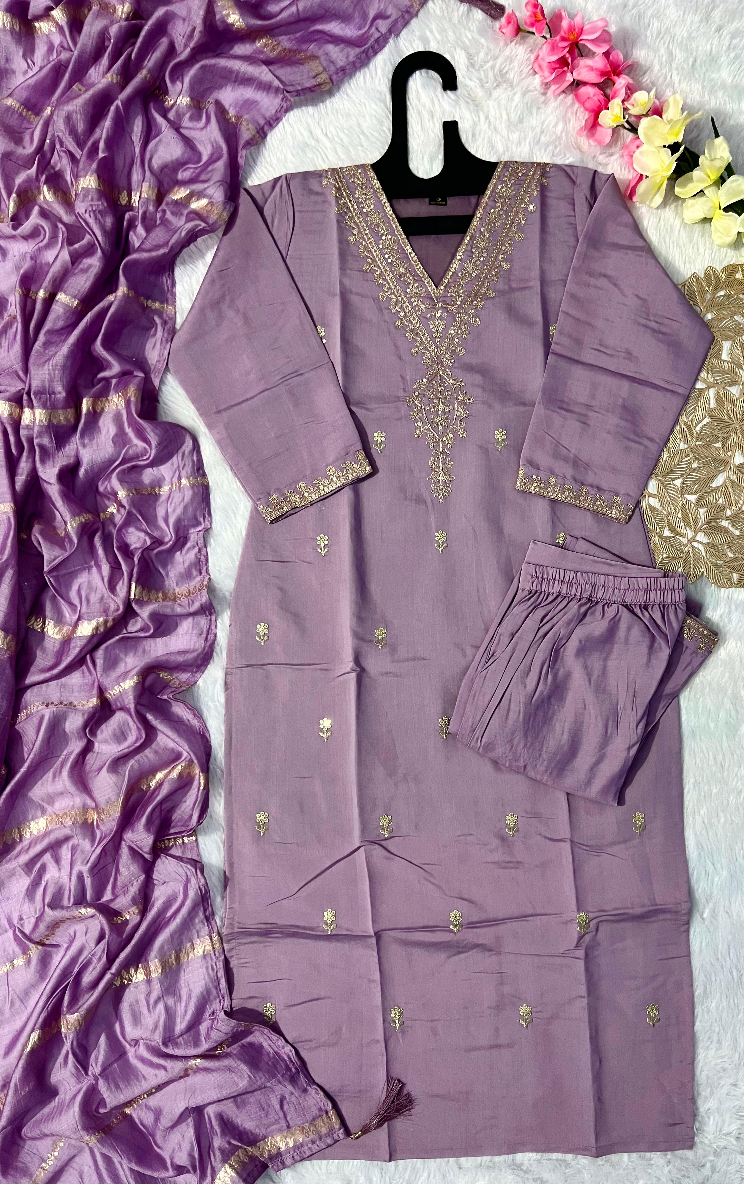 Lavender Roman Silk Embroidered Kurta Set with Trouser & Dupatta
