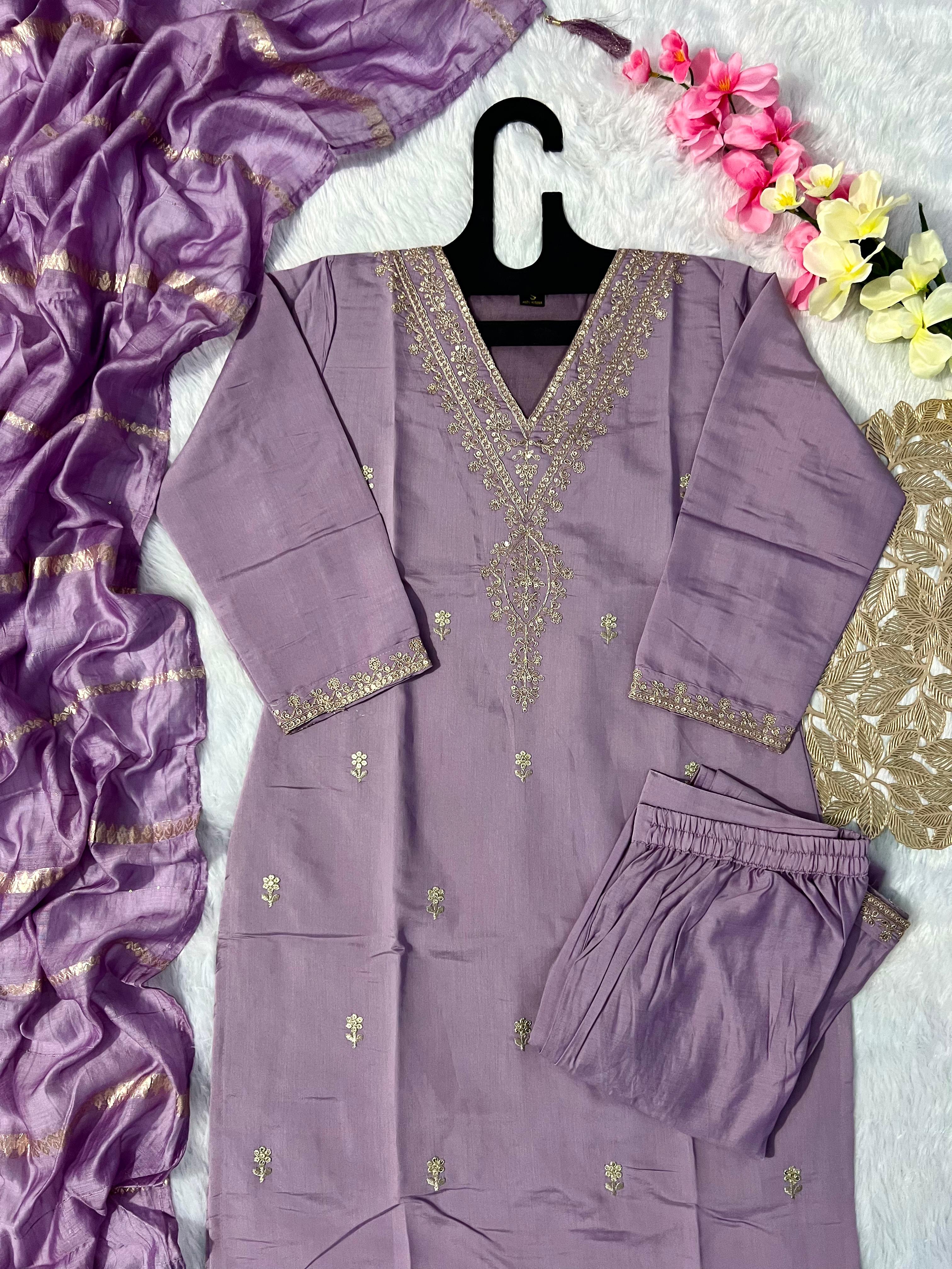 Lavender Roman Silk Embroidered Kurta Set with Trouser & Dupatta