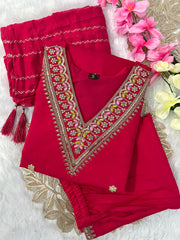 Red Roman Silk Embroidered Kurta Set with Trouser & Dupatta