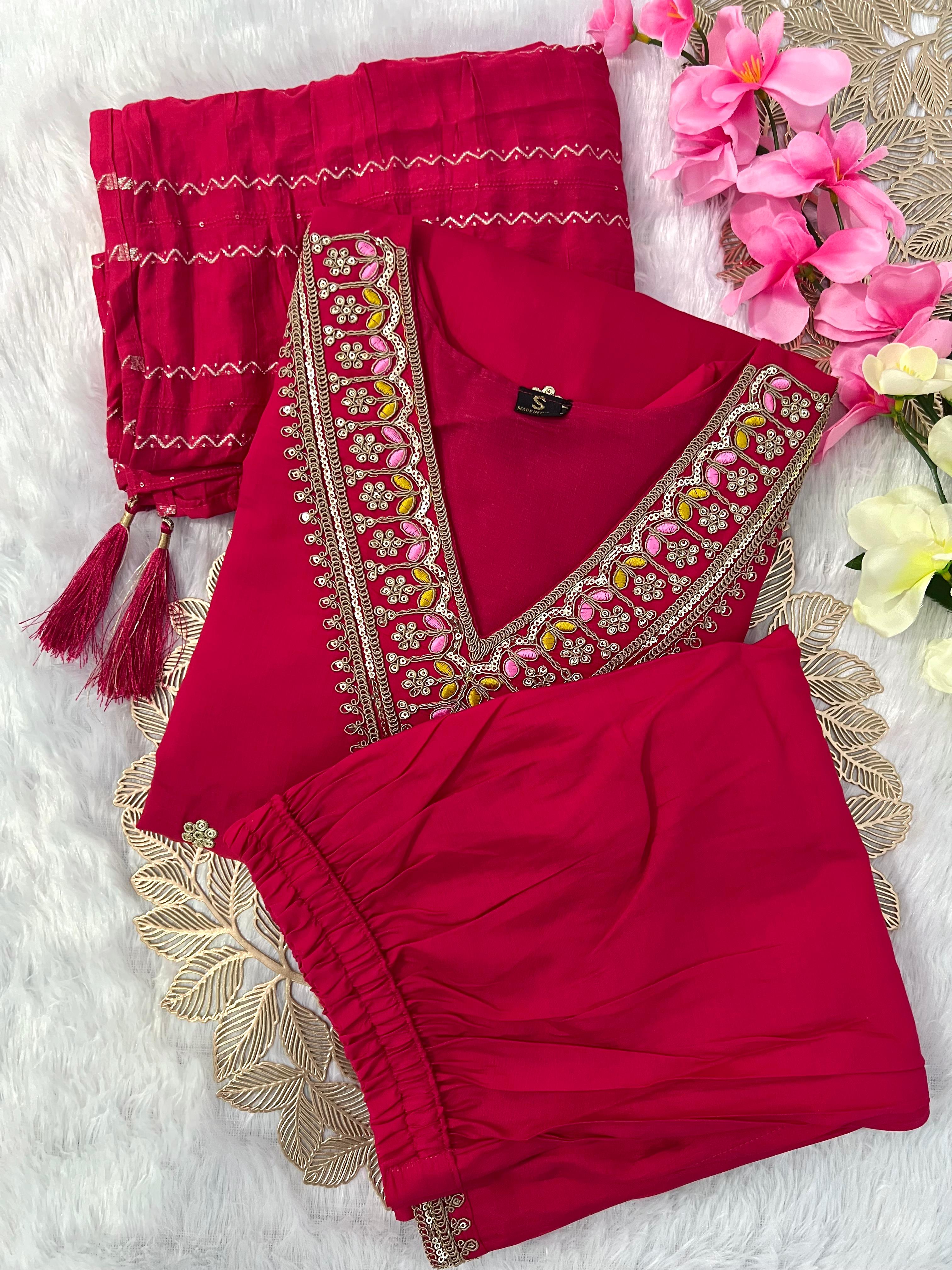 Red Roman Silk Embroidered Kurta Set with Trouser & Dupatta