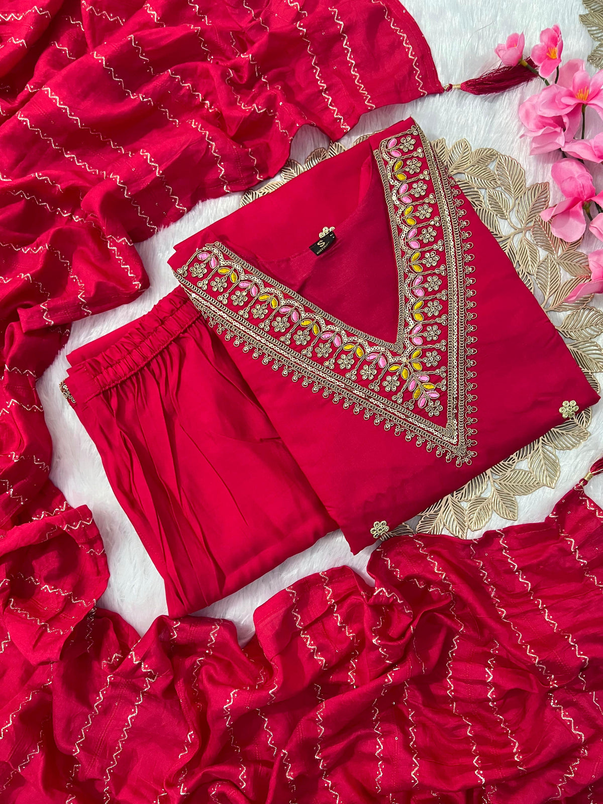 Red Roman Silk Embroidered Kurta Set with Trouser & Dupatta