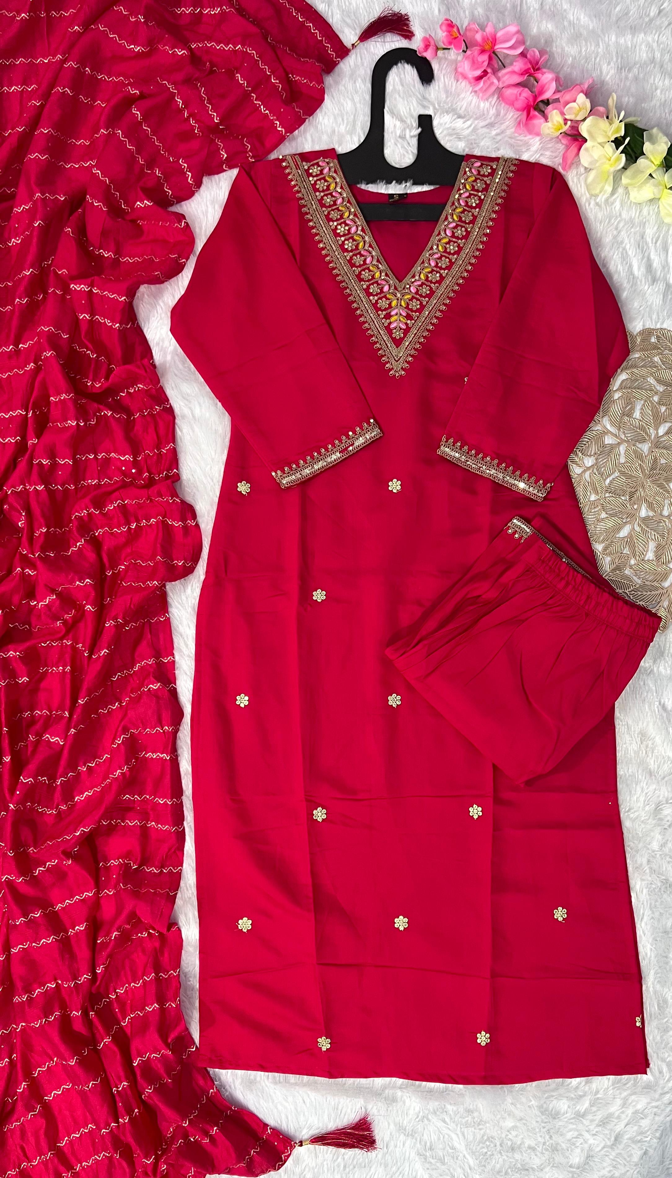 Red Roman Silk Embroidered Kurta Set with Trouser & Dupatta