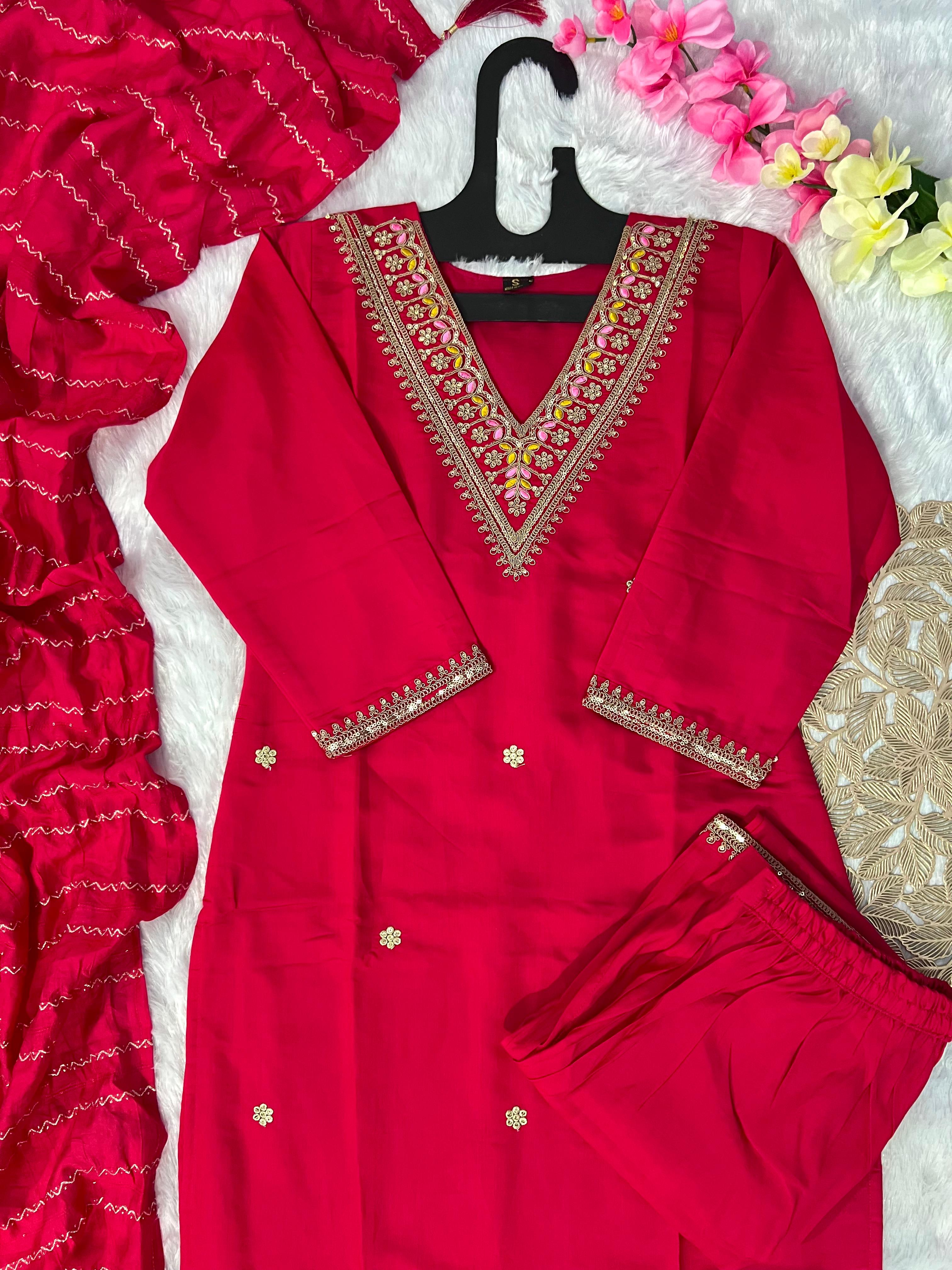 Red Roman Silk Embroidered Kurta Set with Trouser & Dupatta