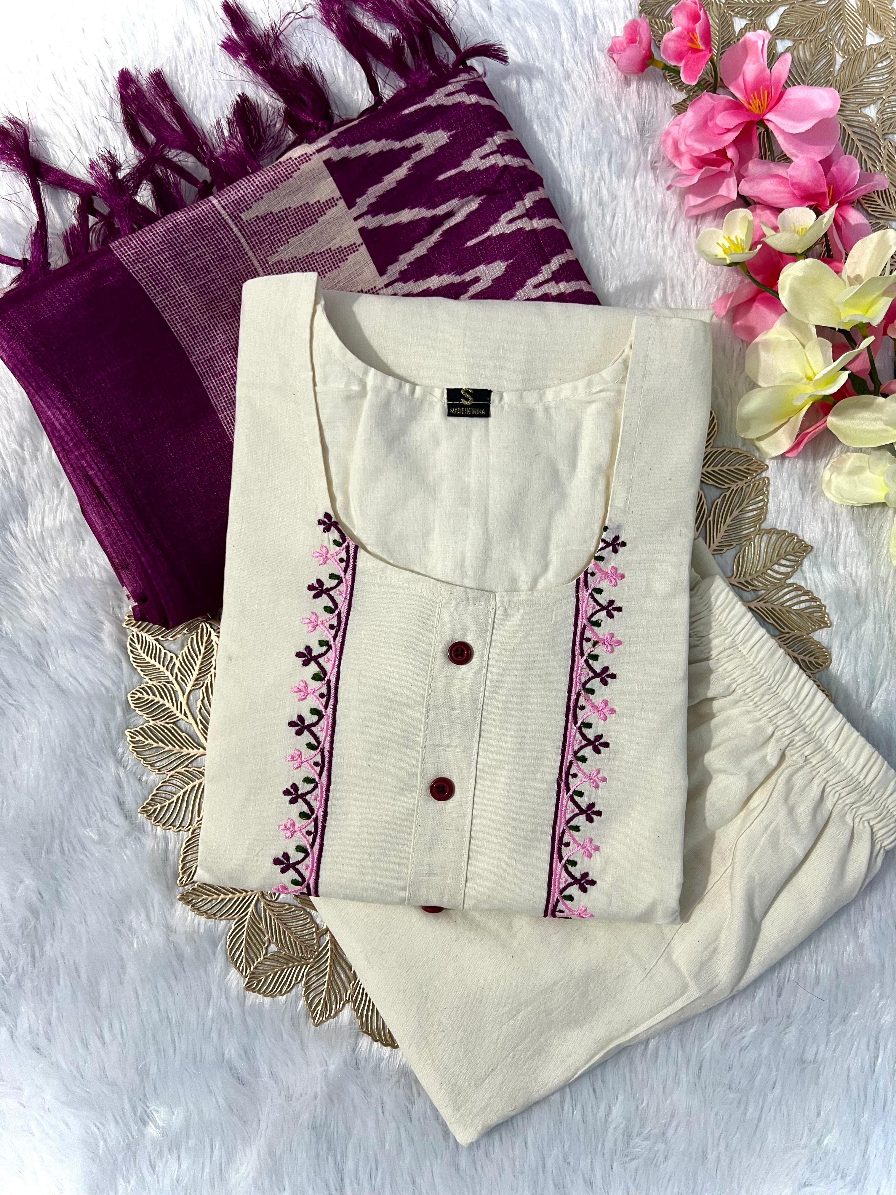 Off-White Embroidered Kurta Set with Trouser & Dupatta