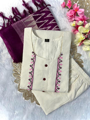 Off-White Embroidered Kurta Set with Trouser & Dupatta