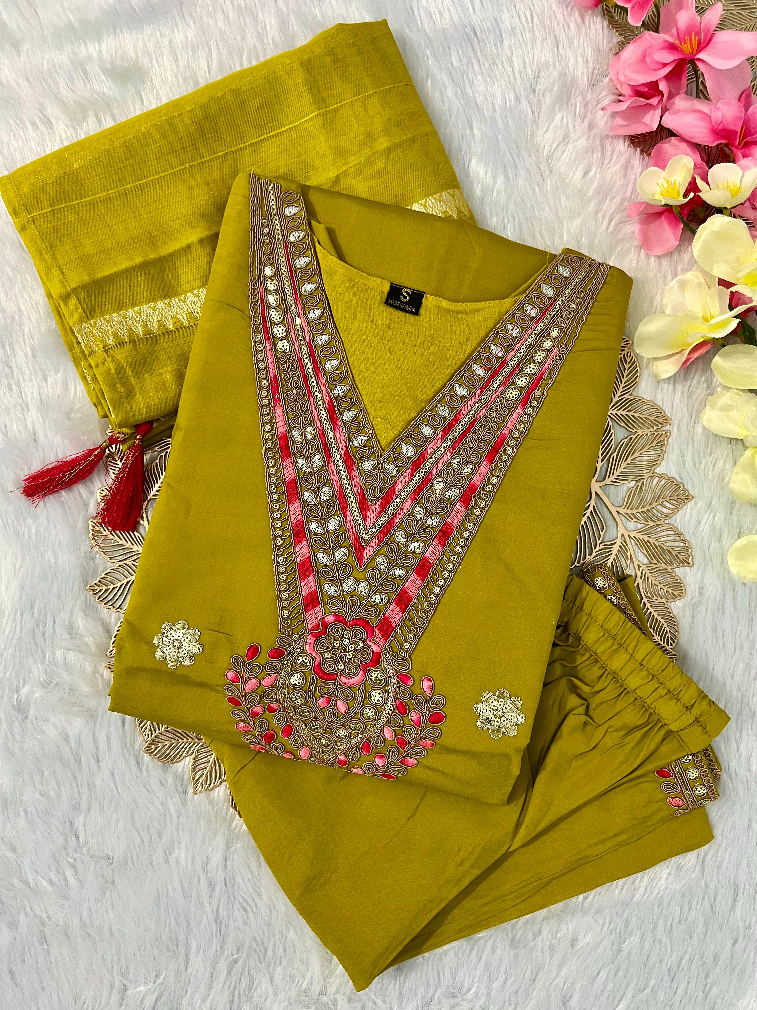 Dark Mustard Roman Silk Embroidered Kurta Set with Trouser & Dupatta