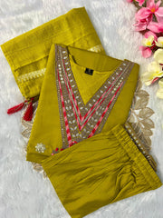 Dark Mustard Roman Silk Embroidered Kurta Set with Trouser & Dupatta