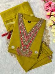 Dark Mustard Roman Silk Embroidered Kurta Set with Trouser & Dupatta