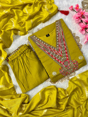 Dark Mustard Roman Silk Embroidered Kurta Set with Trouser & Dupatta