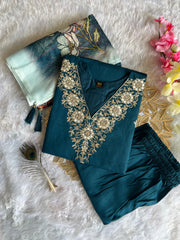 Teal Blue Roman Silk Embroidered Kurta Set with Trouser & Dupatta