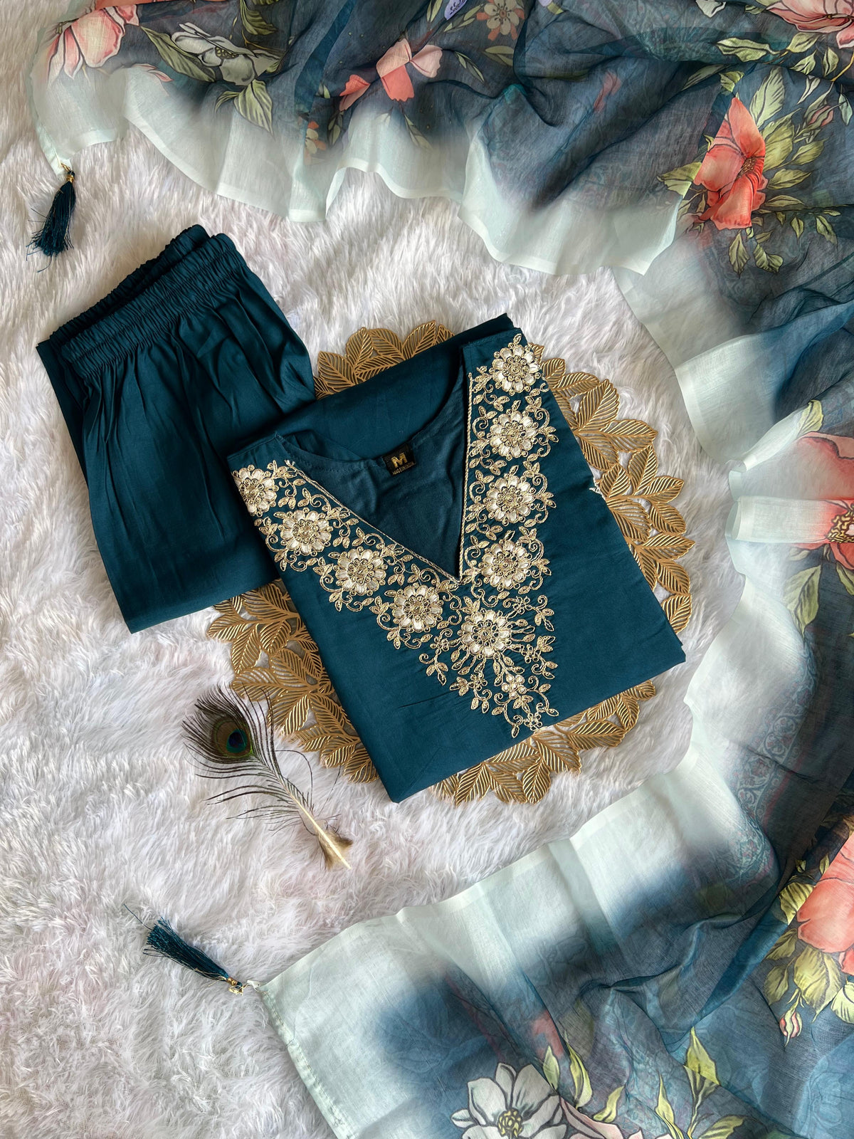 Teal Blue Roman Silk Embroidered Kurta Set with Trouser & Dupatta