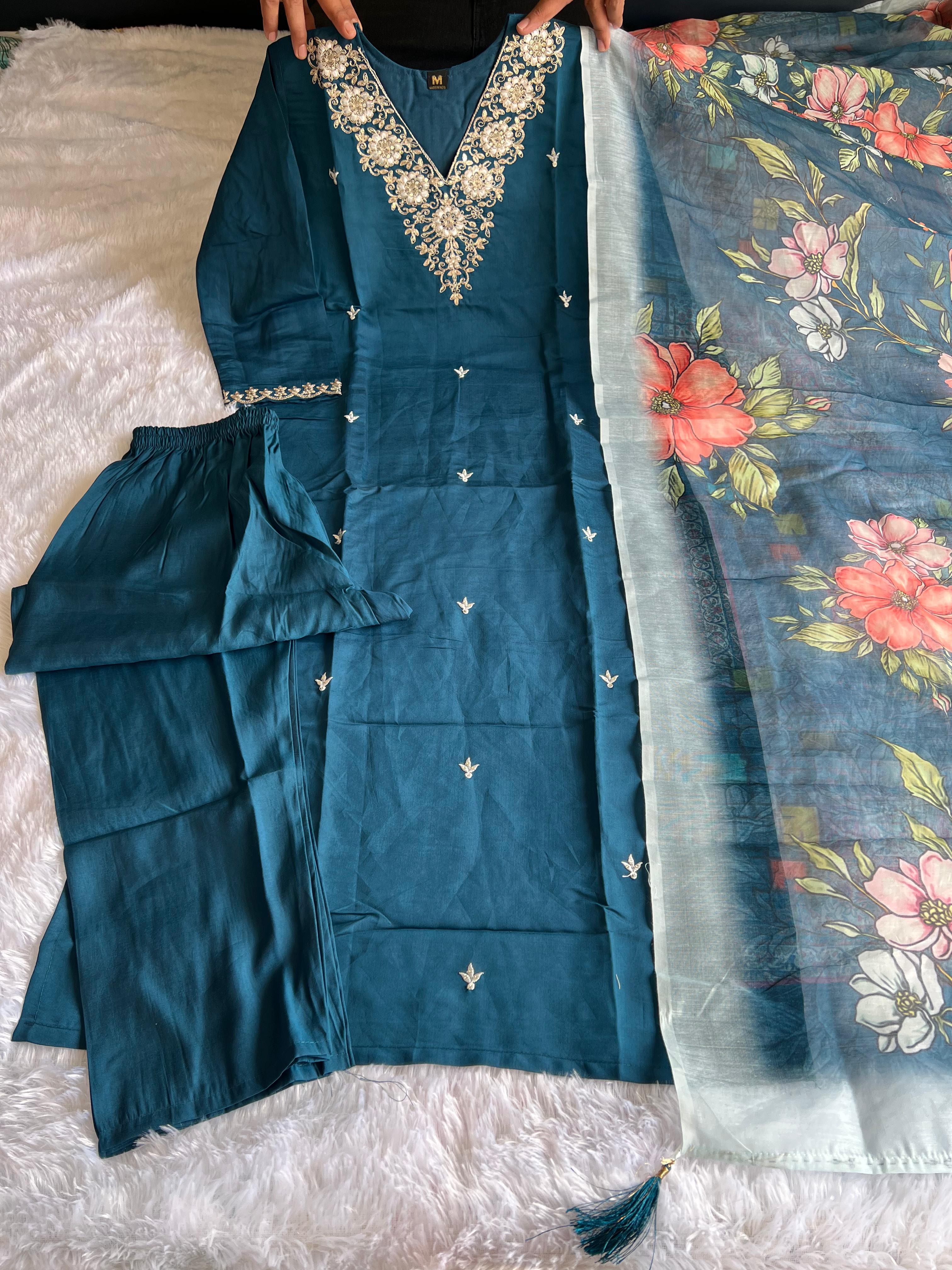 Teal Blue Roman Silk Embroidered Kurta Set with Trouser & Dupatta