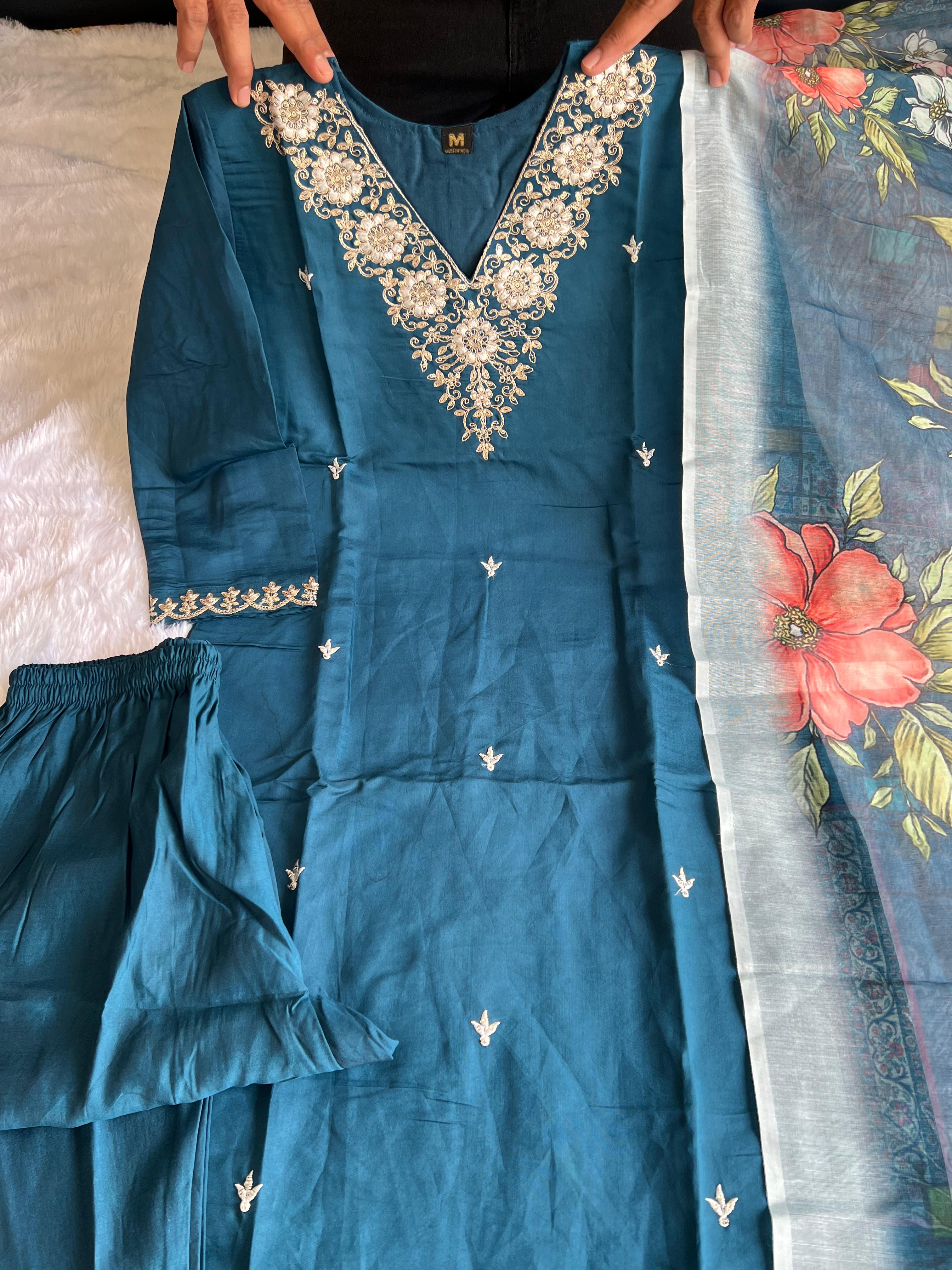 Teal Blue Roman Silk Embroidered Kurta Set with Trouser & Dupatta